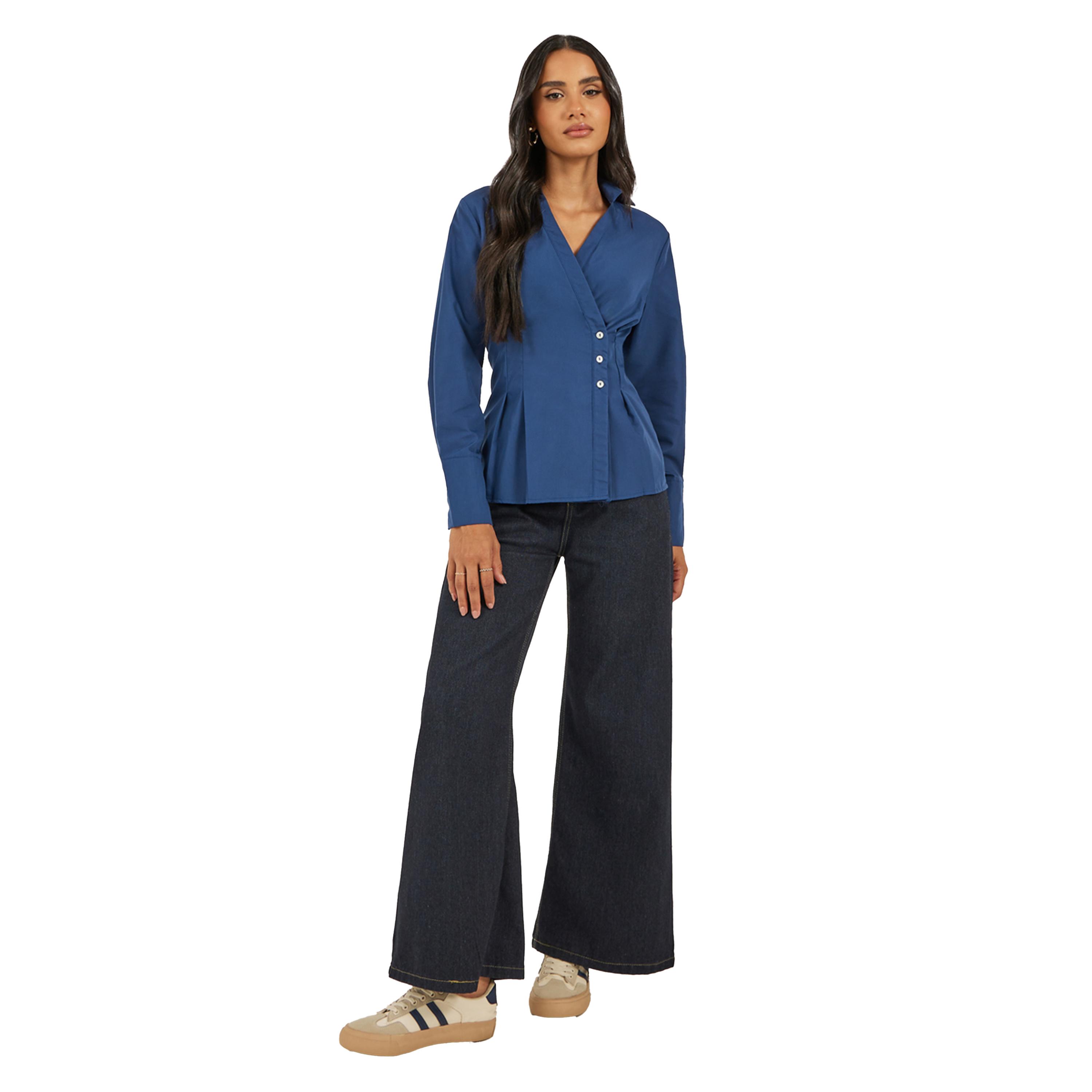 Styli Women Navy Blue Solid Pleated Regular Fit Wrap Shirt-women-clothing-shirtsandblouses-shirts-image-2