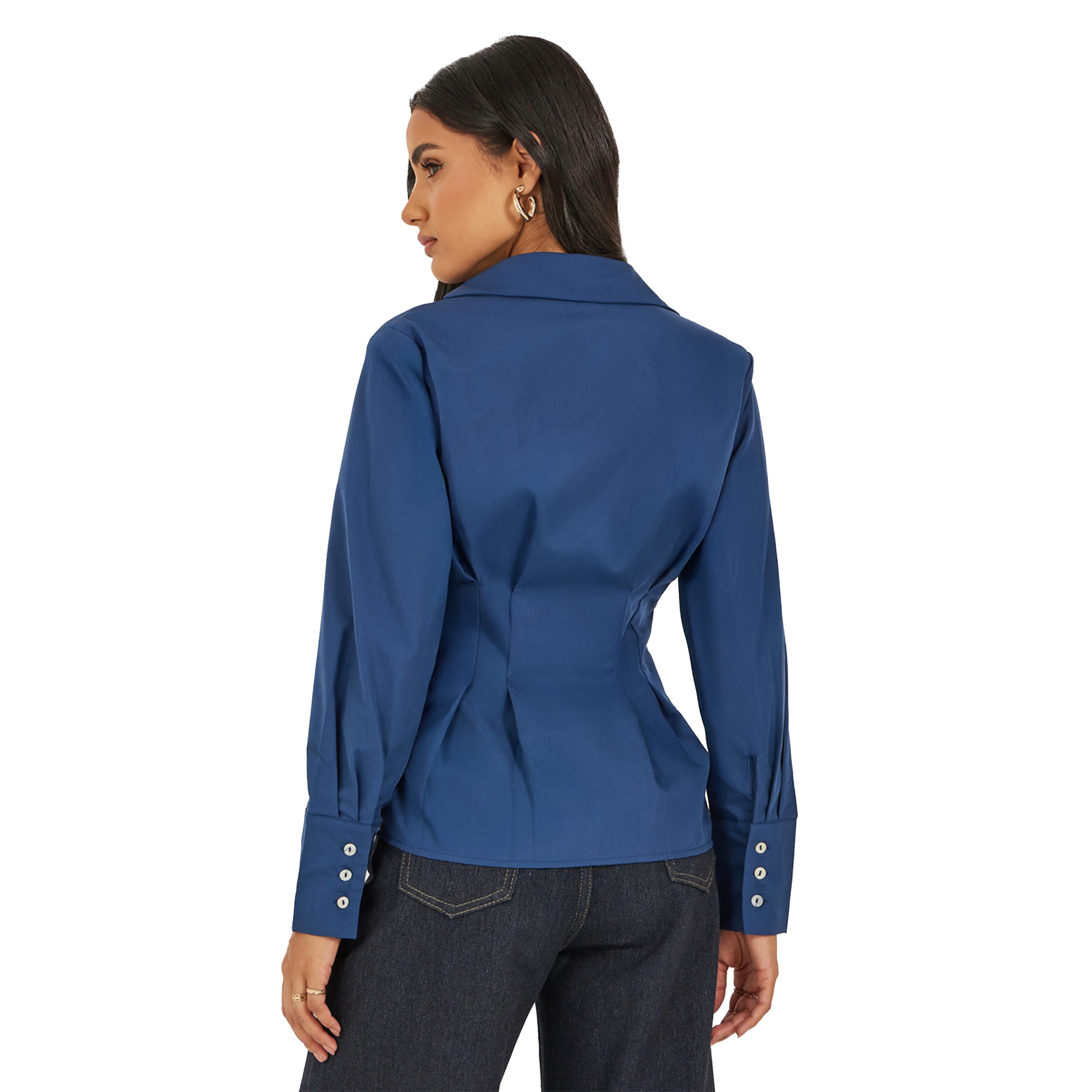 Styli Women Navy Blue Solid Pleated Regular Fit Wrap Shirt-women-clothing-shirtsandblouses-shirts-image-4