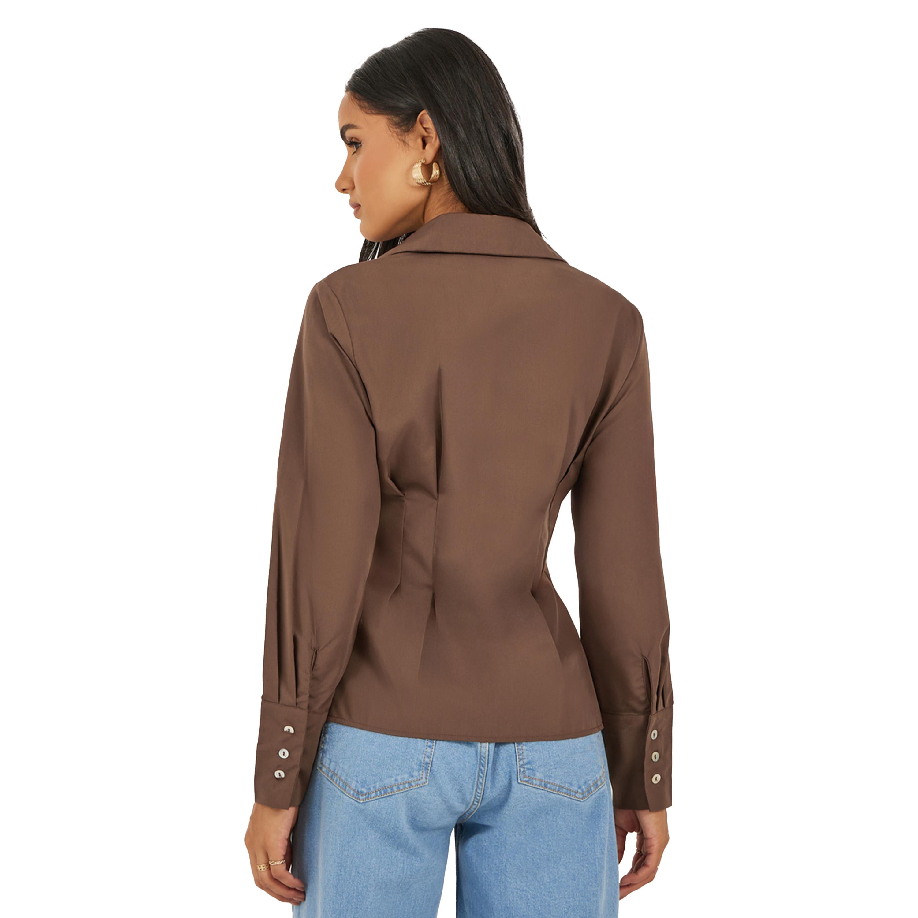 ستايلي -  قميص نسائي بني سادة بقصّة عادية وثنيات-women-clothing-shirtsandblouses-shirts-image-4