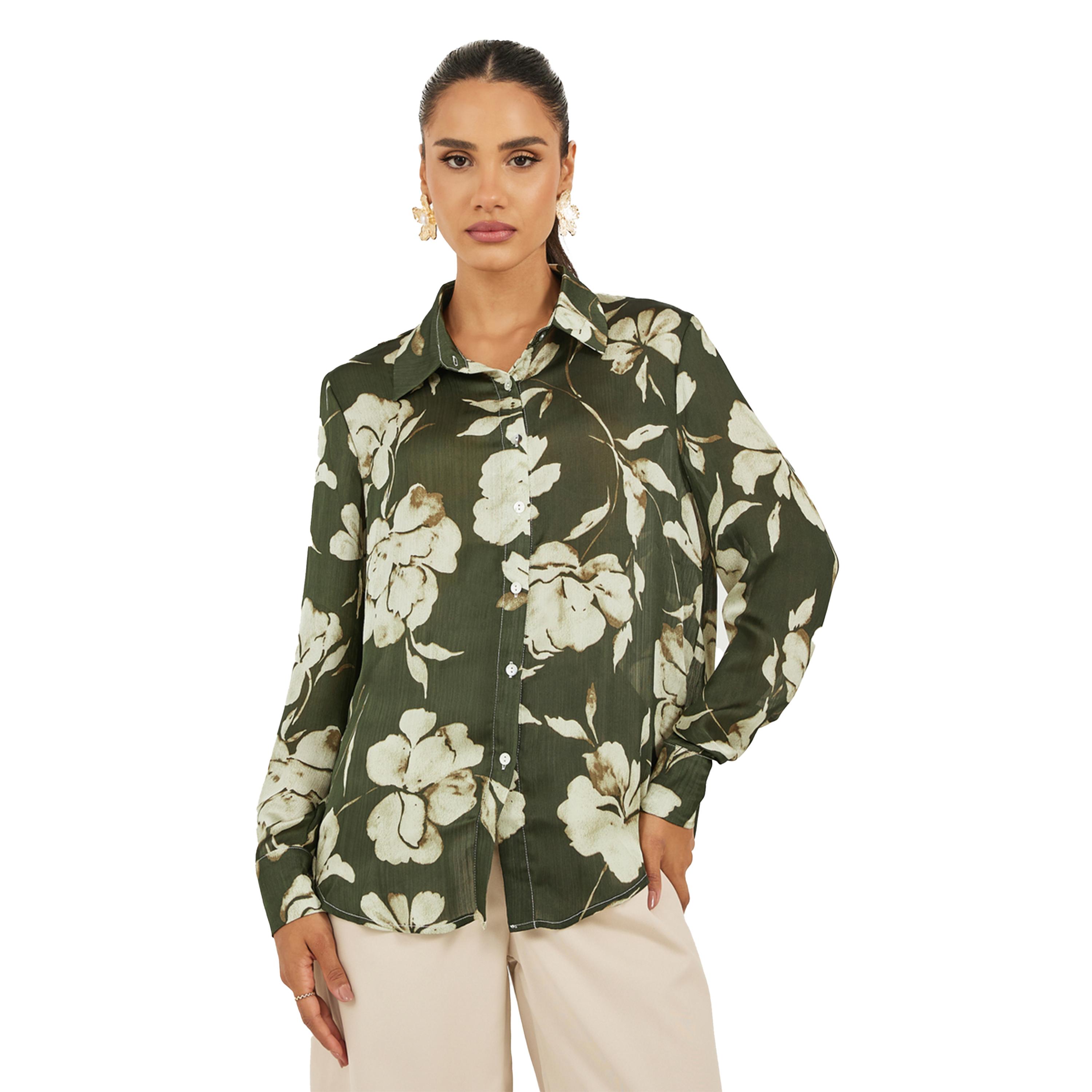ستايلي -  قميص نسائي مقاس كبيربياقة واسعة ومطبوع عليه زهور-women-clothing-shirtsandblouses-shirts-image-2