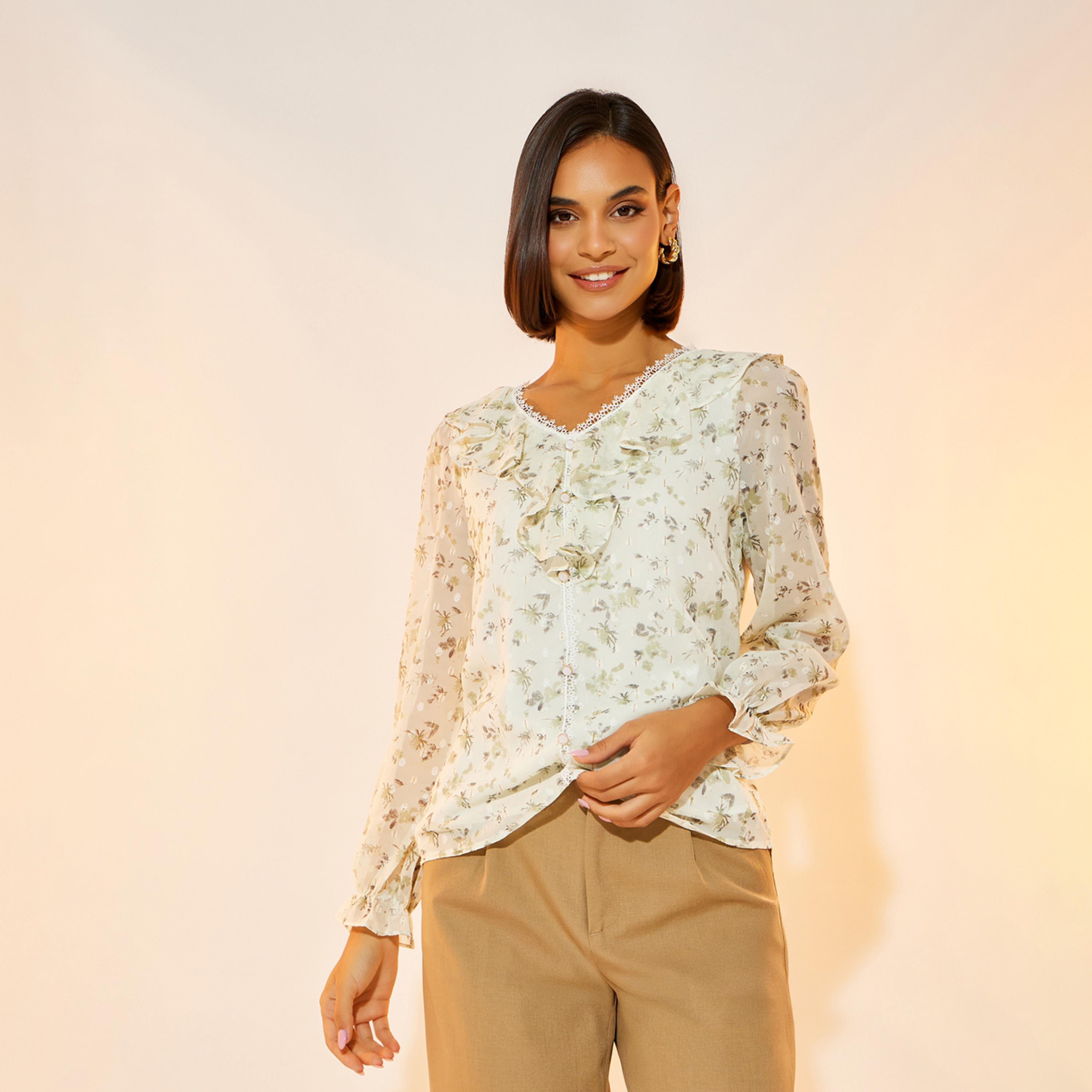 بلوزة بطبعة زهور وأكمام طويلة مع كشكش-women-clothing-shirtsandblouses-blouses-image-1