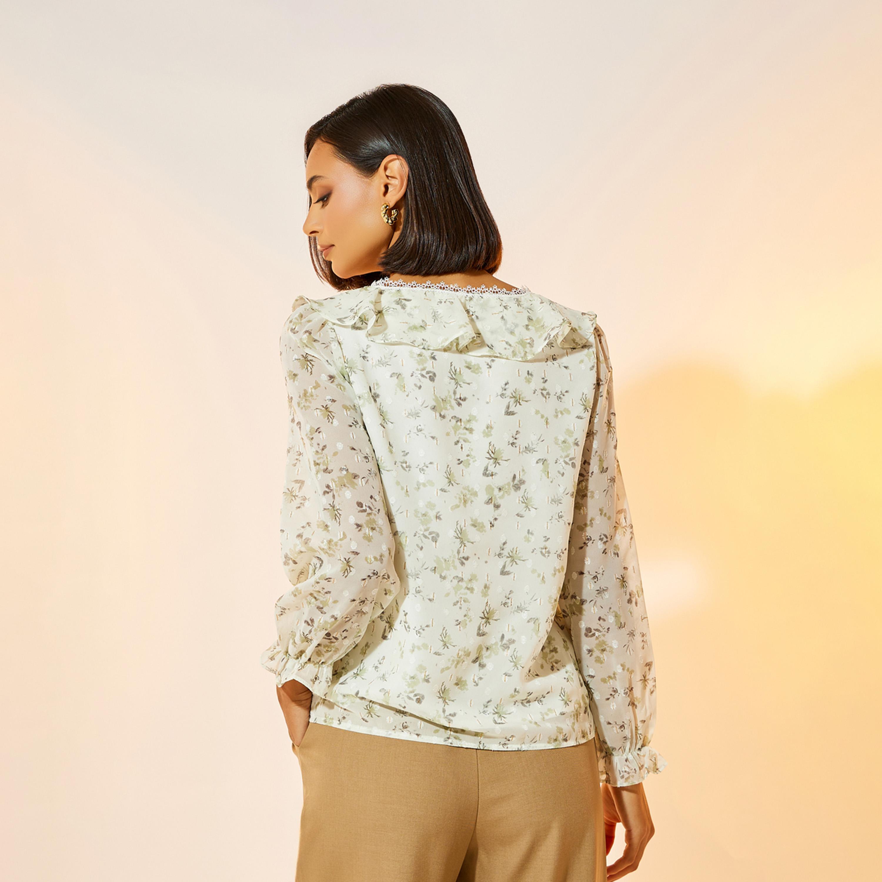 بلوزة بطبعة زهور وأكمام طويلة مع كشكش-women-clothing-shirtsandblouses-blouses-image-4
