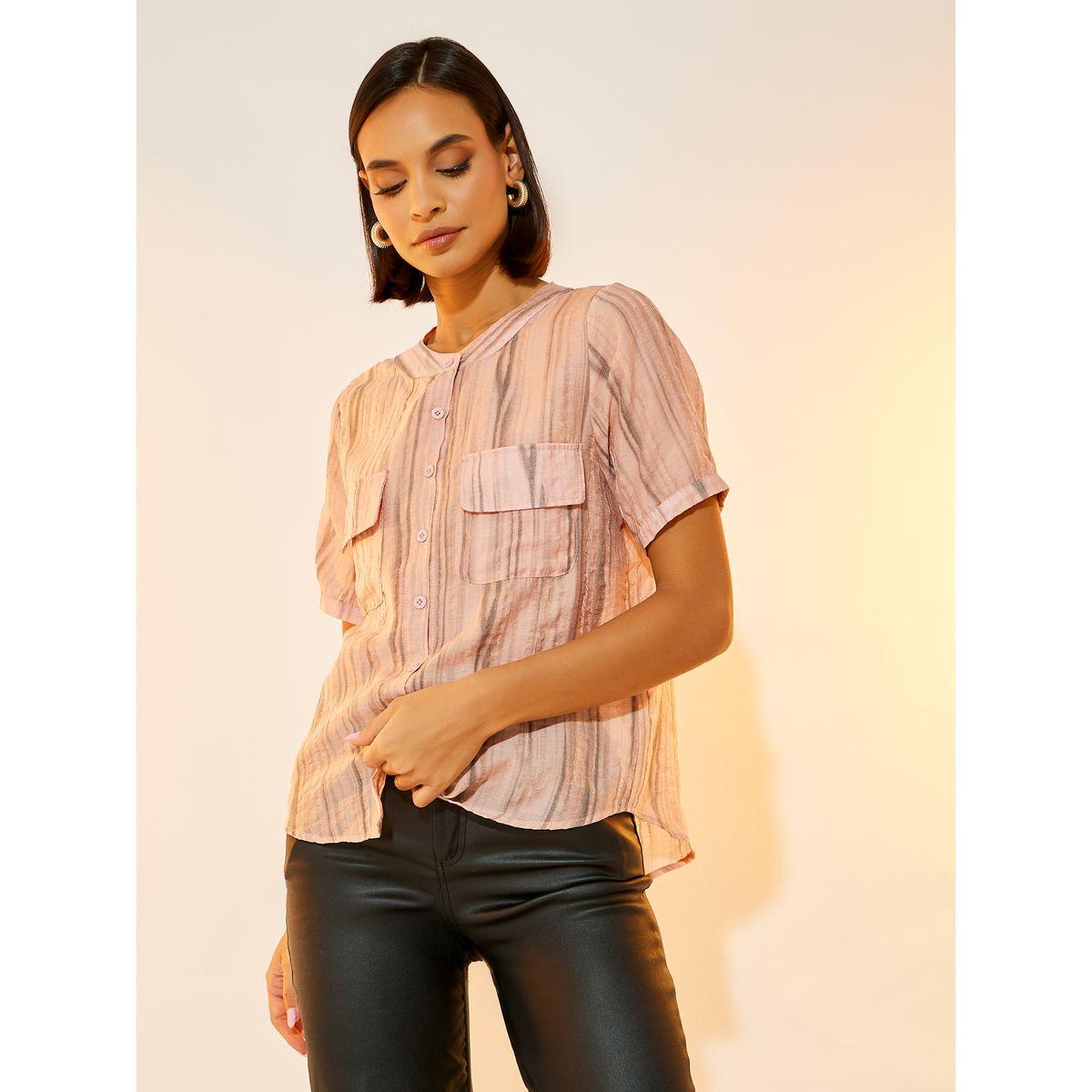 Take Two Texture Stripe Print Short Sleeve Shirt-women-clothing-shirtsandblouses-shirts-image-1