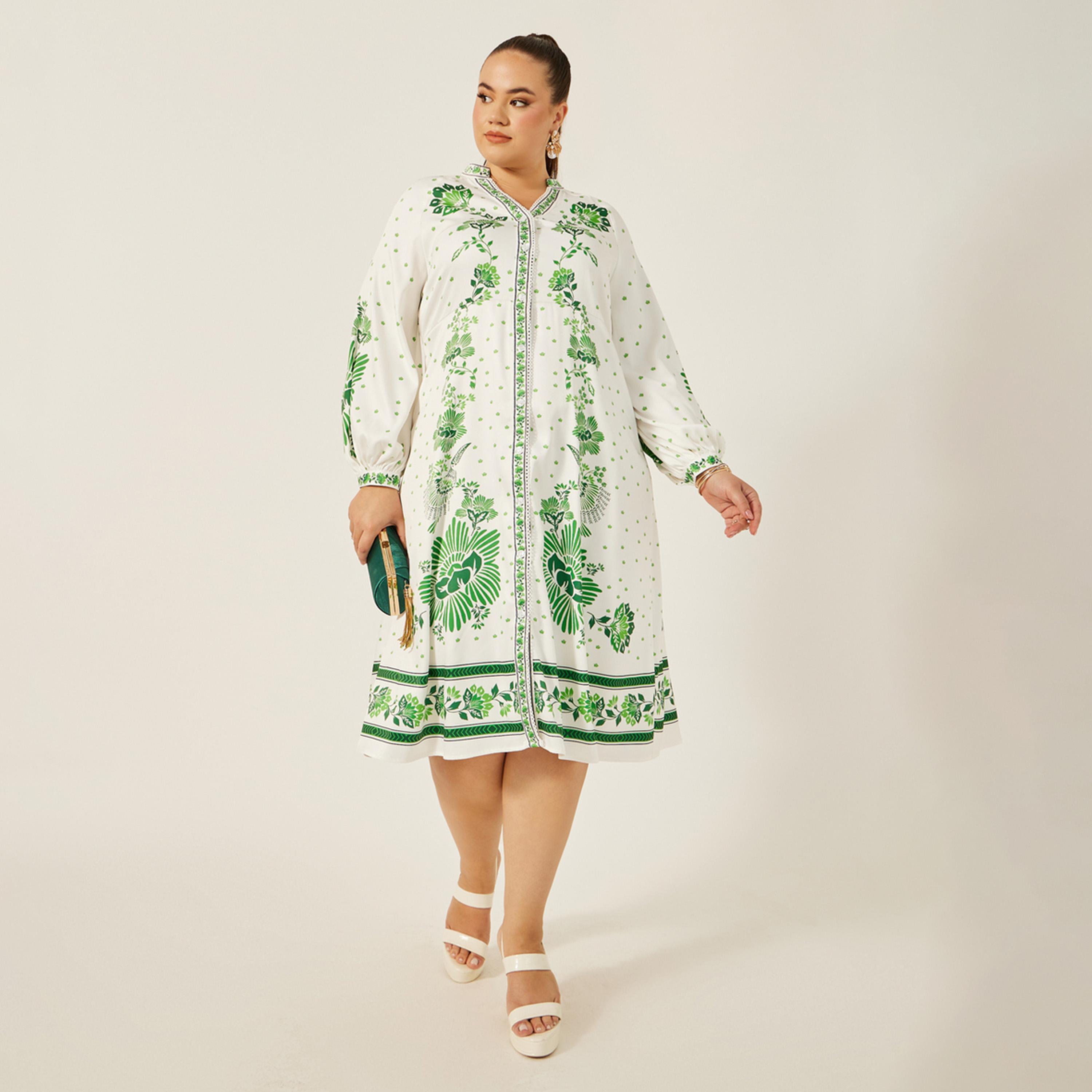 Styli Plus Size Printed Balloon Sleeves A-Line Midi Dress-women-clothing-dresses-image-1