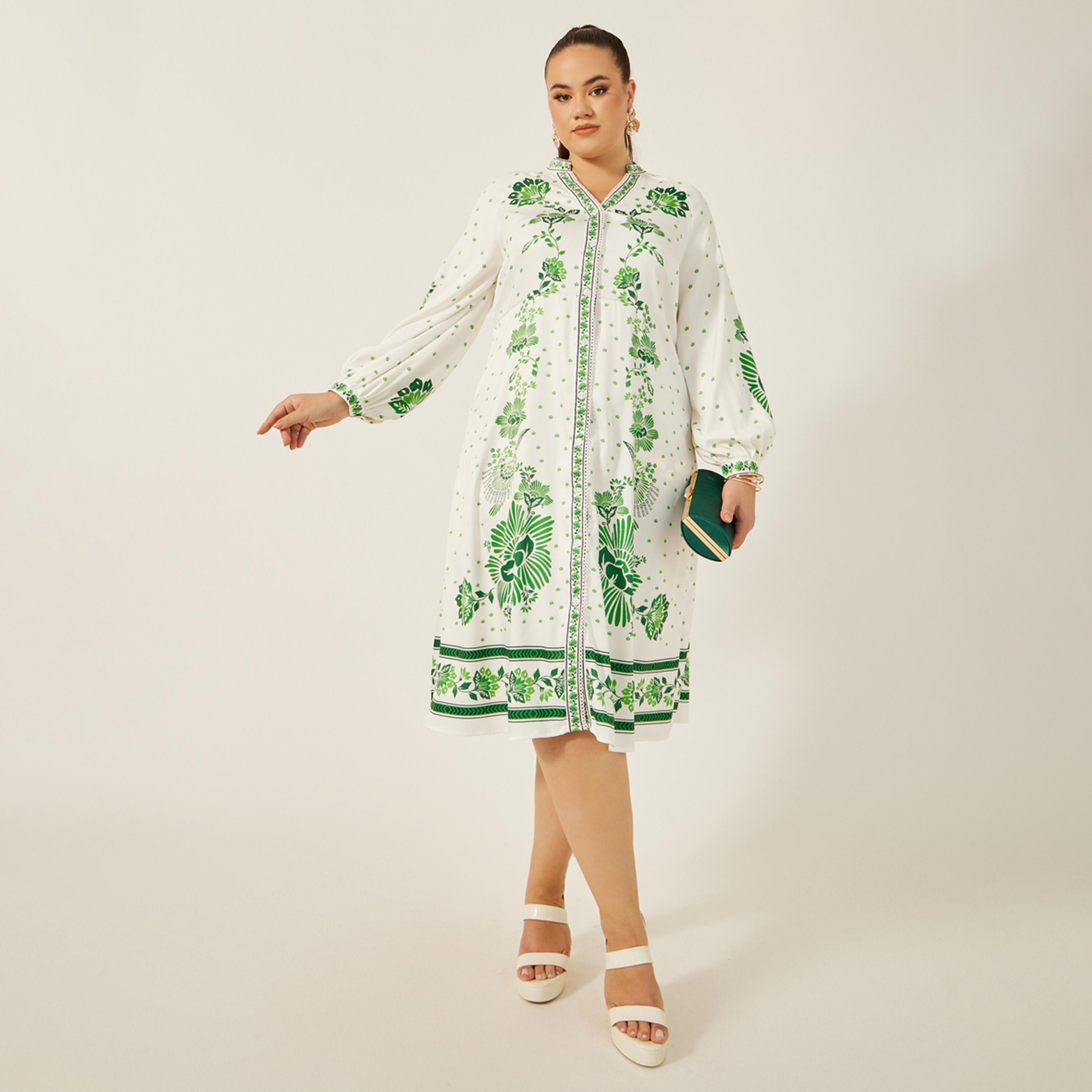 Styli Plus Size Printed Balloon Sleeves A-Line Midi Dress-women-clothing-dresses-image-2