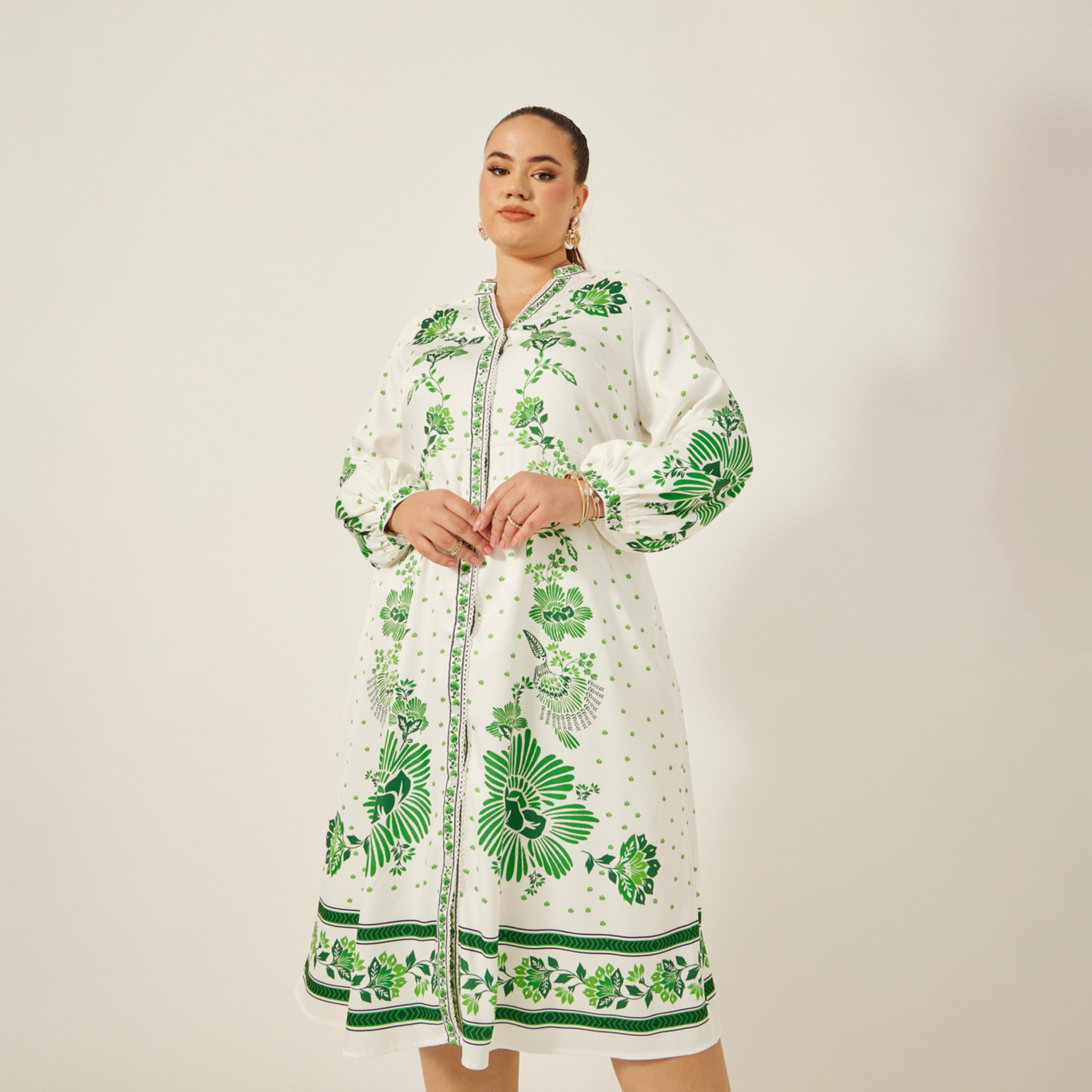 Styli Plus Size Printed Balloon Sleeves A-Line Midi Dress-women-clothing-dresses-image-3