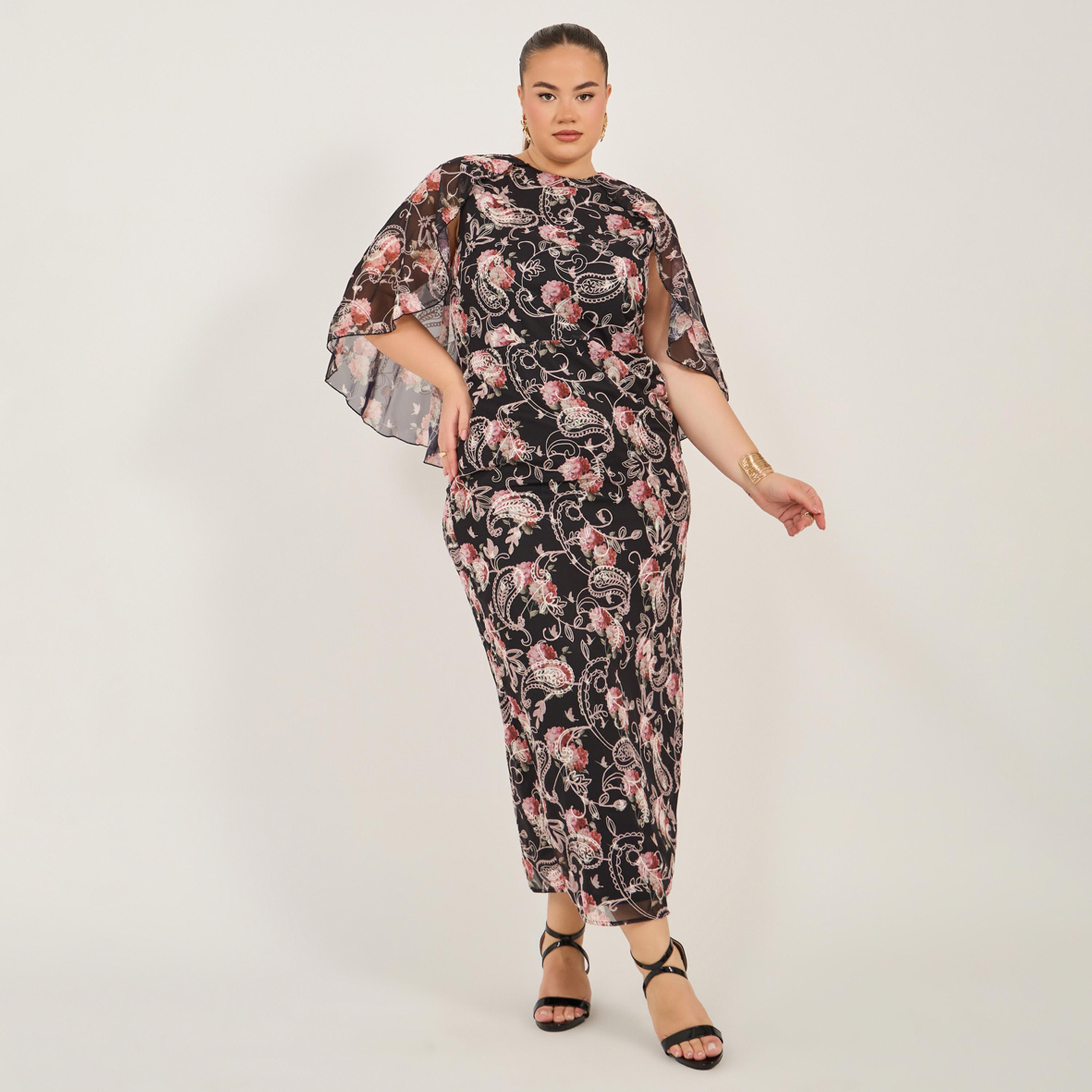 ستايلي - فستان ماكسي مطبوع بأكمام واسعة مقاس كبير-women-clothing-dresses-image-1