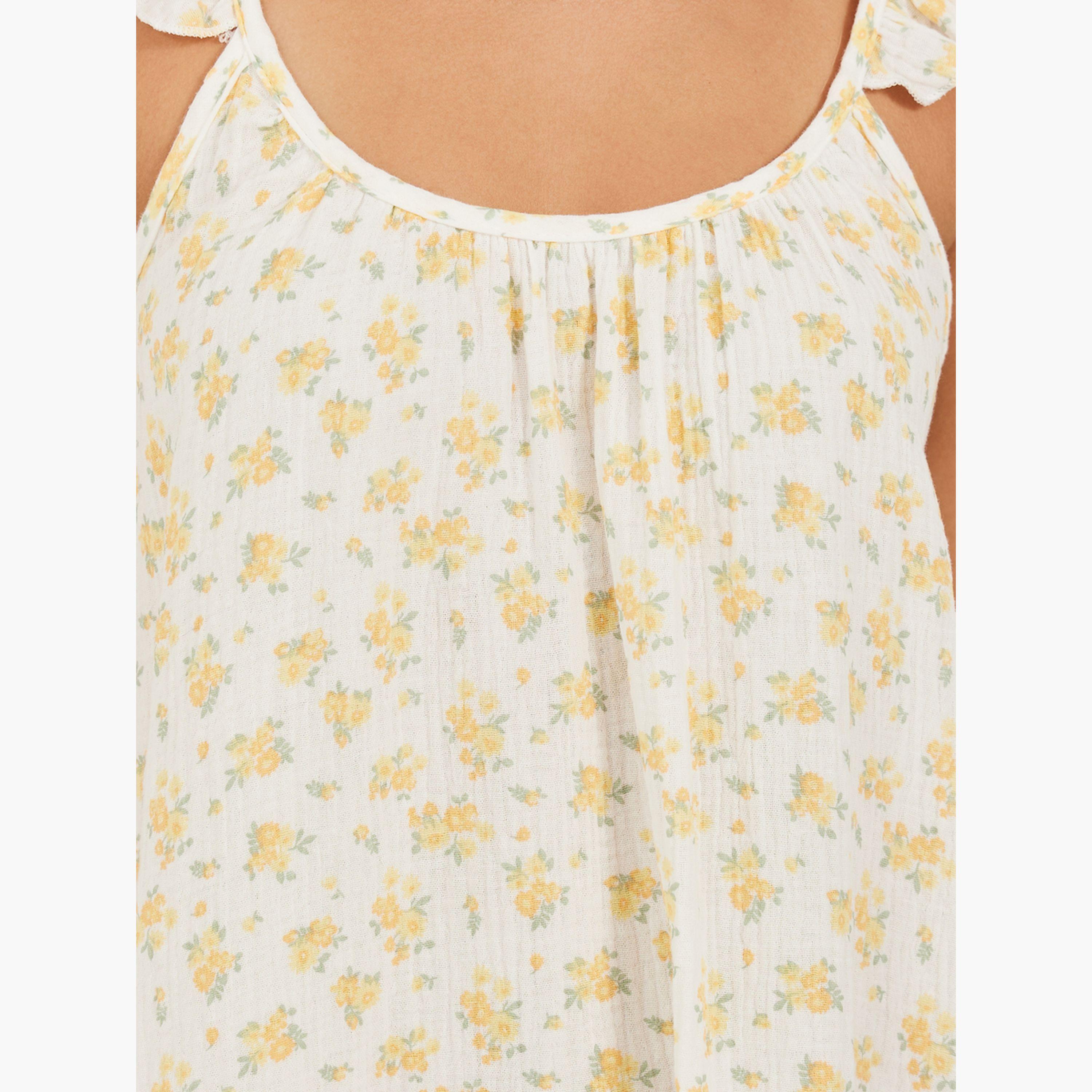 ستايلي - فستان شاش قطني للركبة بطبعة زهور صغيرة مع حاشية وأكمام كشكش-women-clothing-nightwear-nighties-image-3