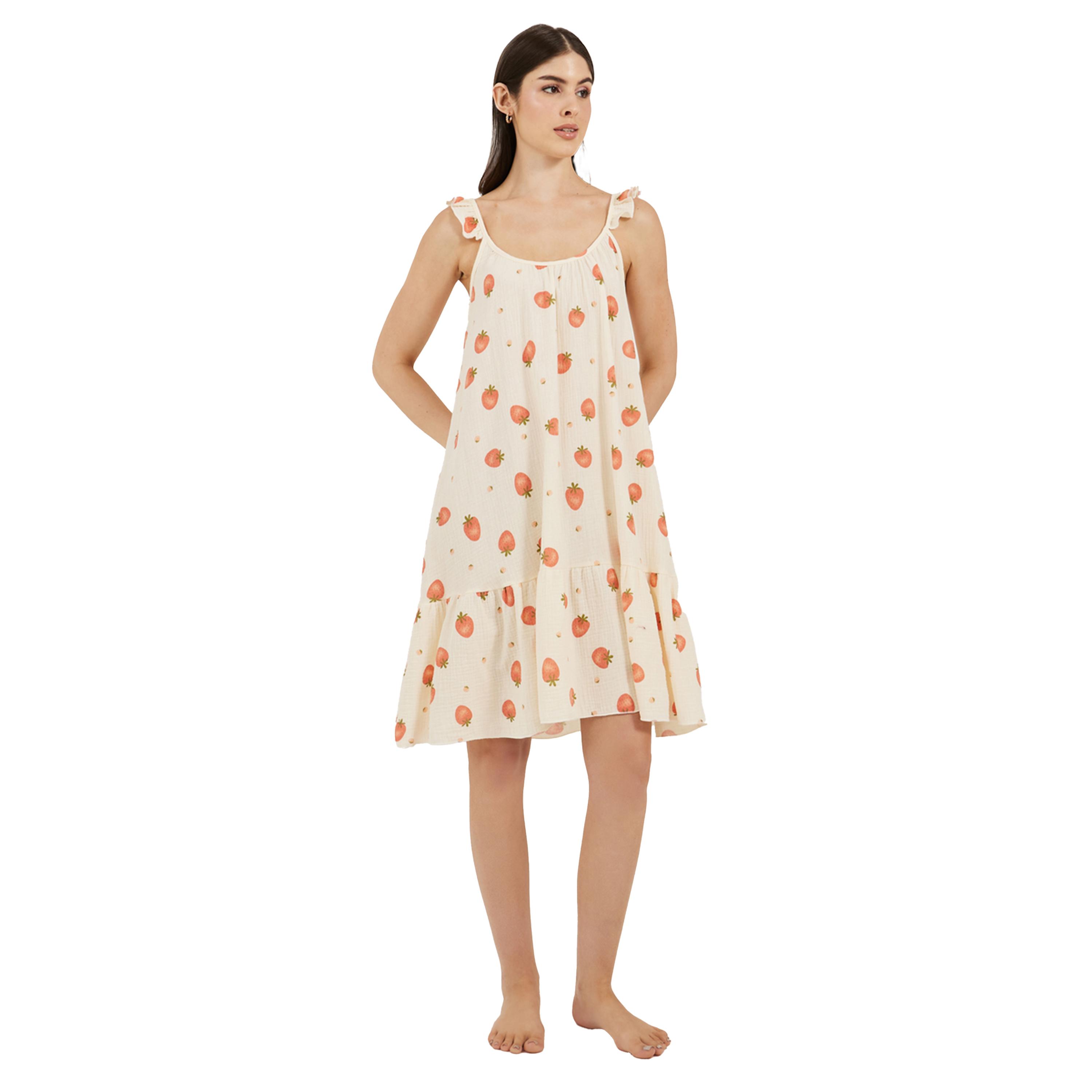 Styli Strawberry Print Ruffled Trim Cotton Slip Dress-women-clothing-nightwear-nighties-image-1