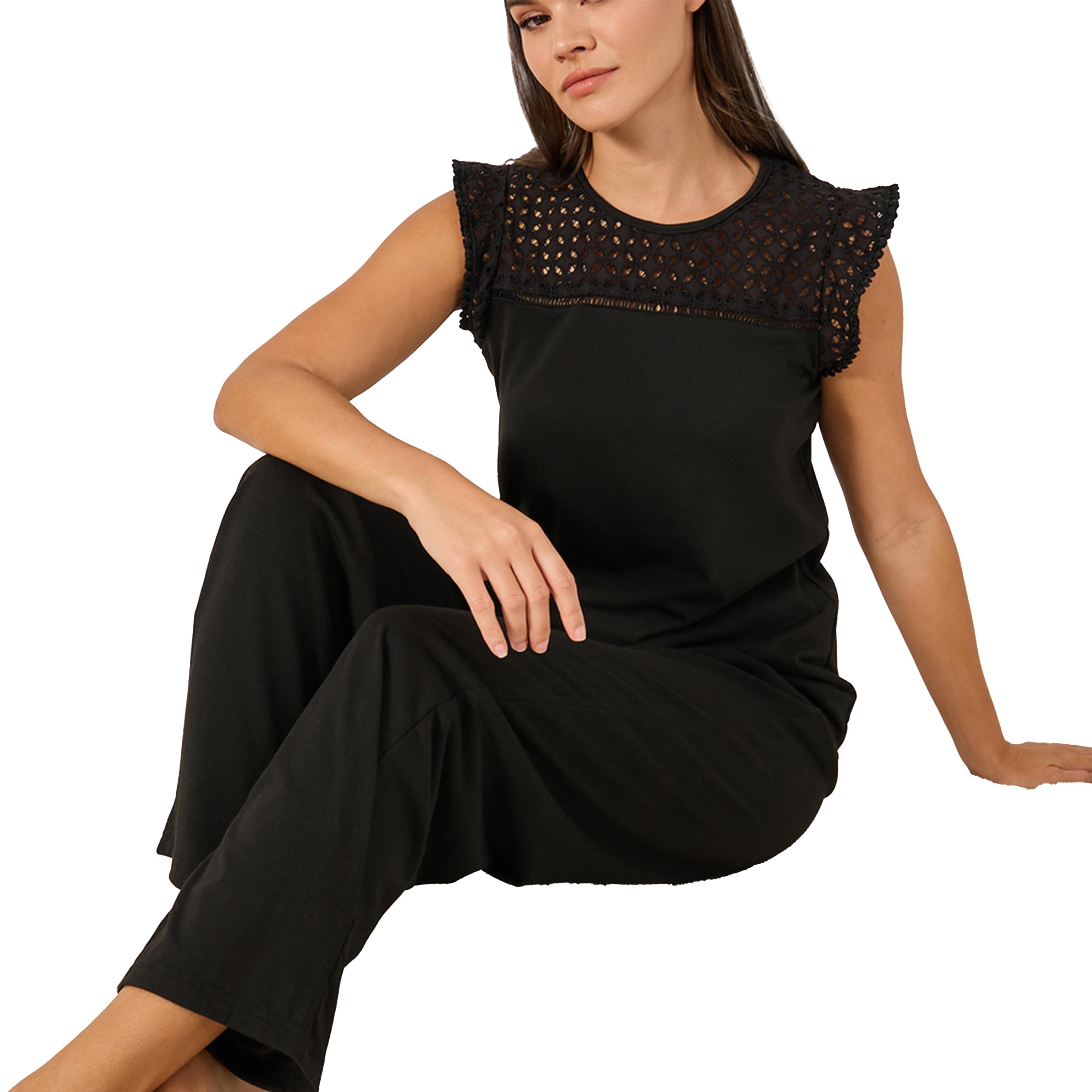 Styli Schiffli Yoke Pompom Trim Detail Top and Pyjama Pants Set-women-clothing-nightwear-pyjamas-longsets-image-1