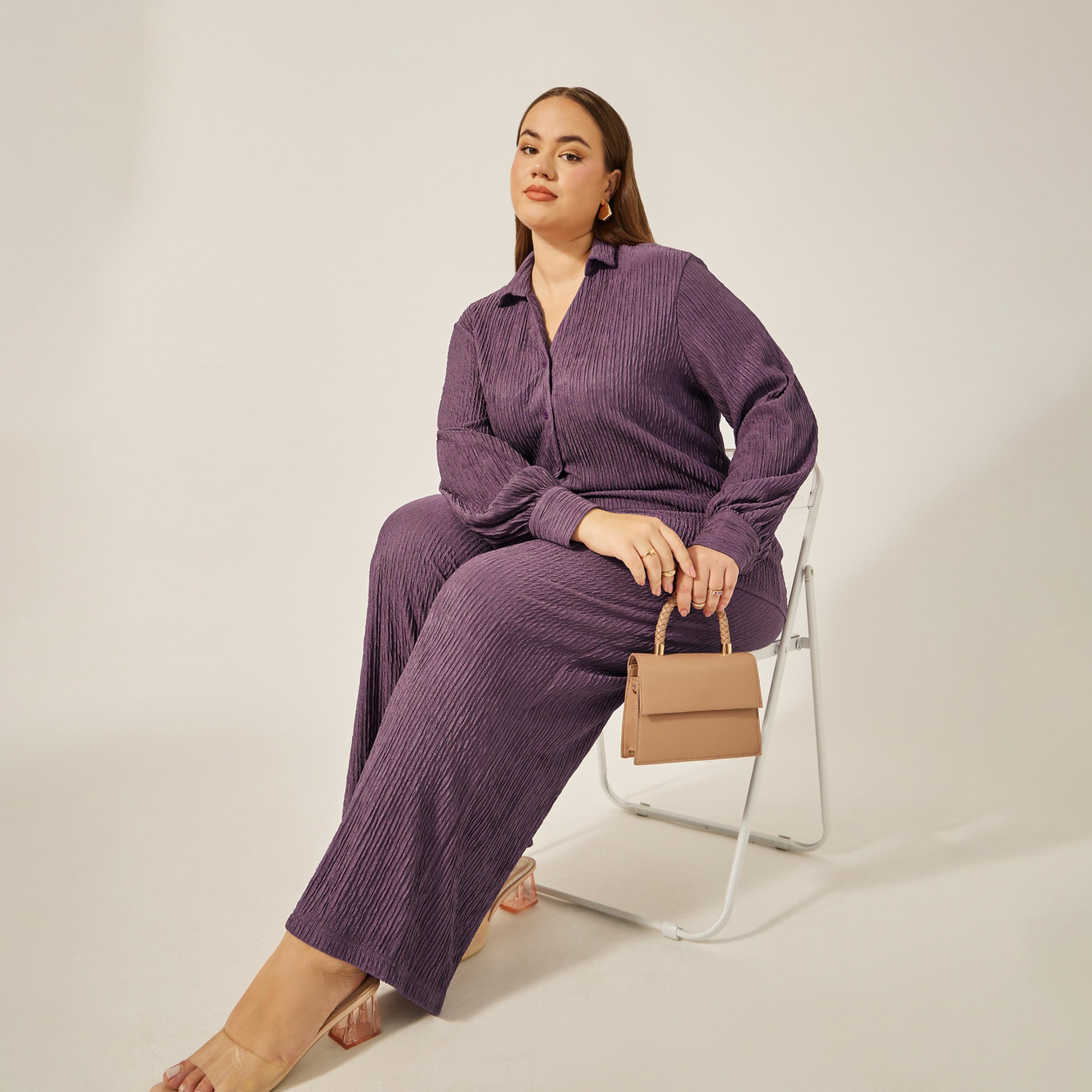 Styli Plus Size Textured Mid-Rise Wide Leg Pants-women-clothing-bottoms-trousers-image-1
