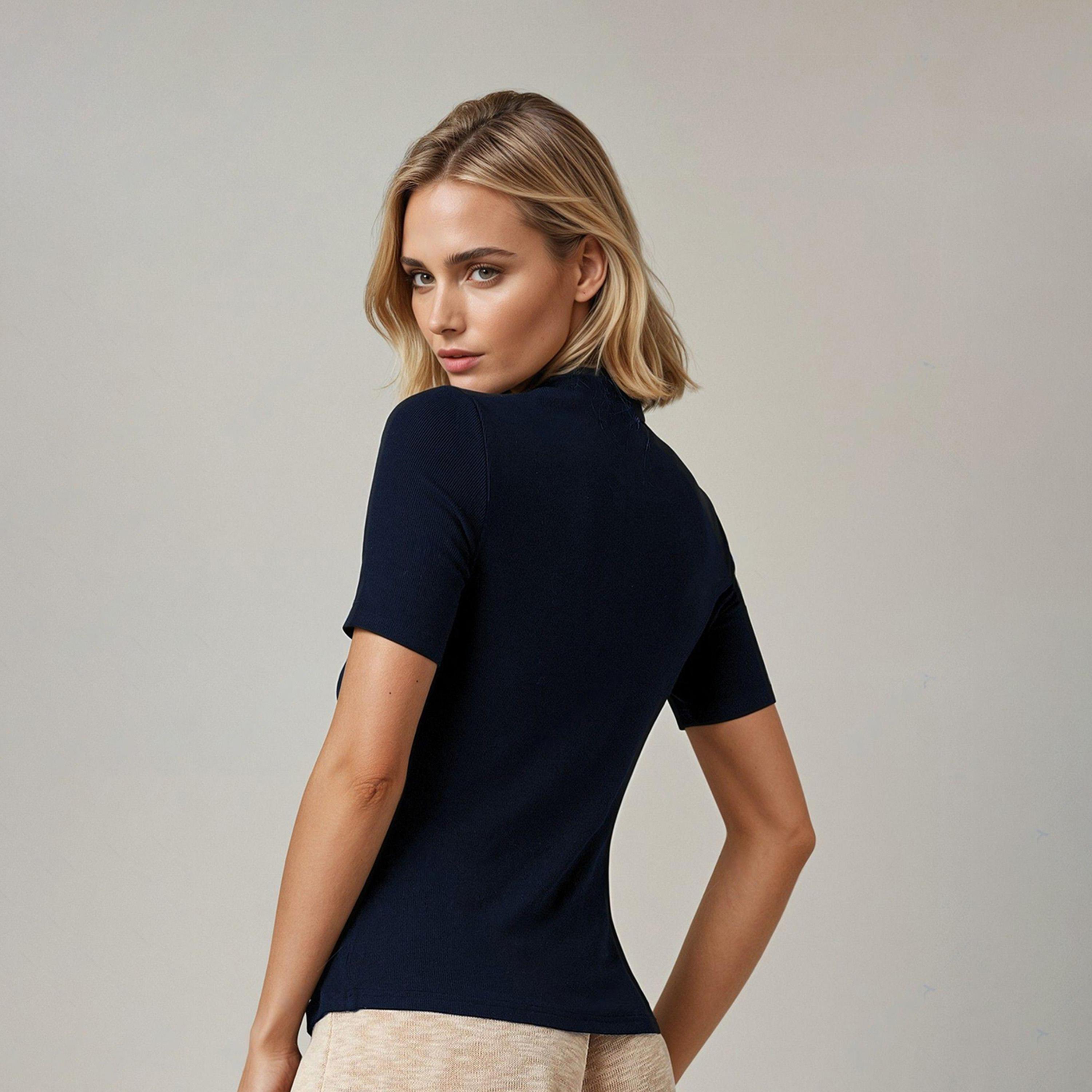 Kotty X Styli Womens Slim Fit Half Sleeve Ribbed Blue T-shirt-women-clothing-tshirts-image-4