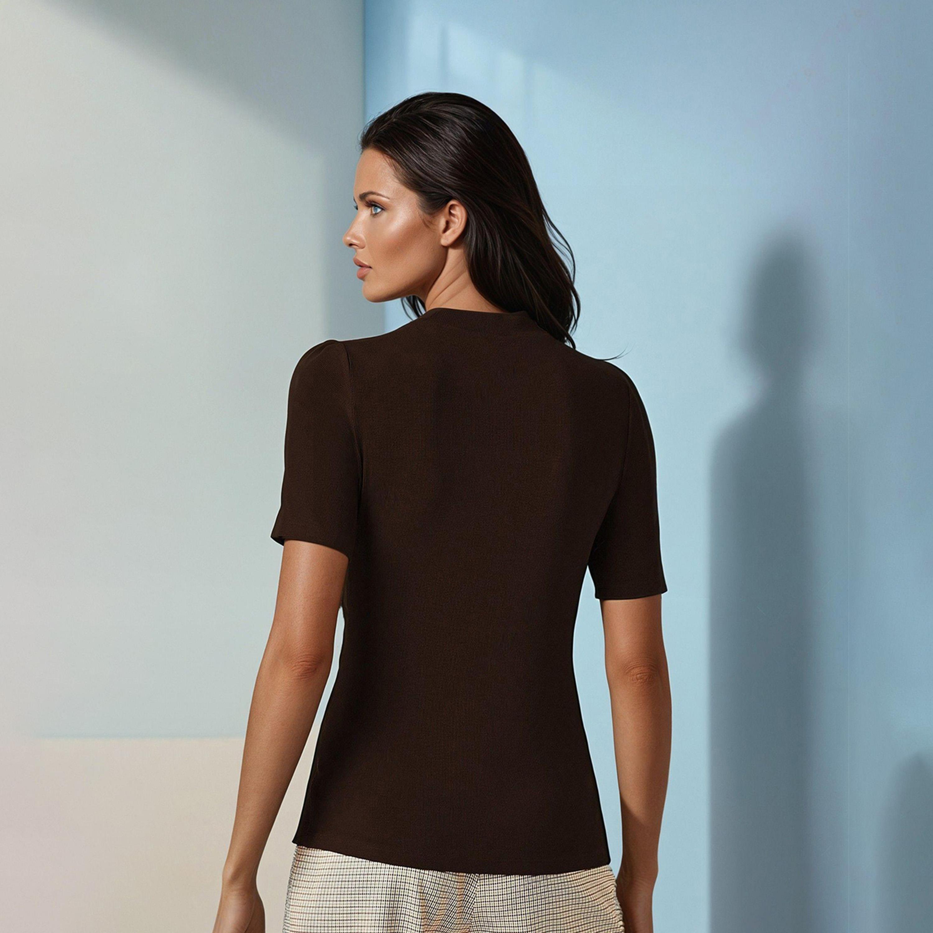 كوتي × ستايلي - تي شيرت نسائي ضيق ومضلع بأكمام قصيرة - البني-women-clothing-tshirts-image-5