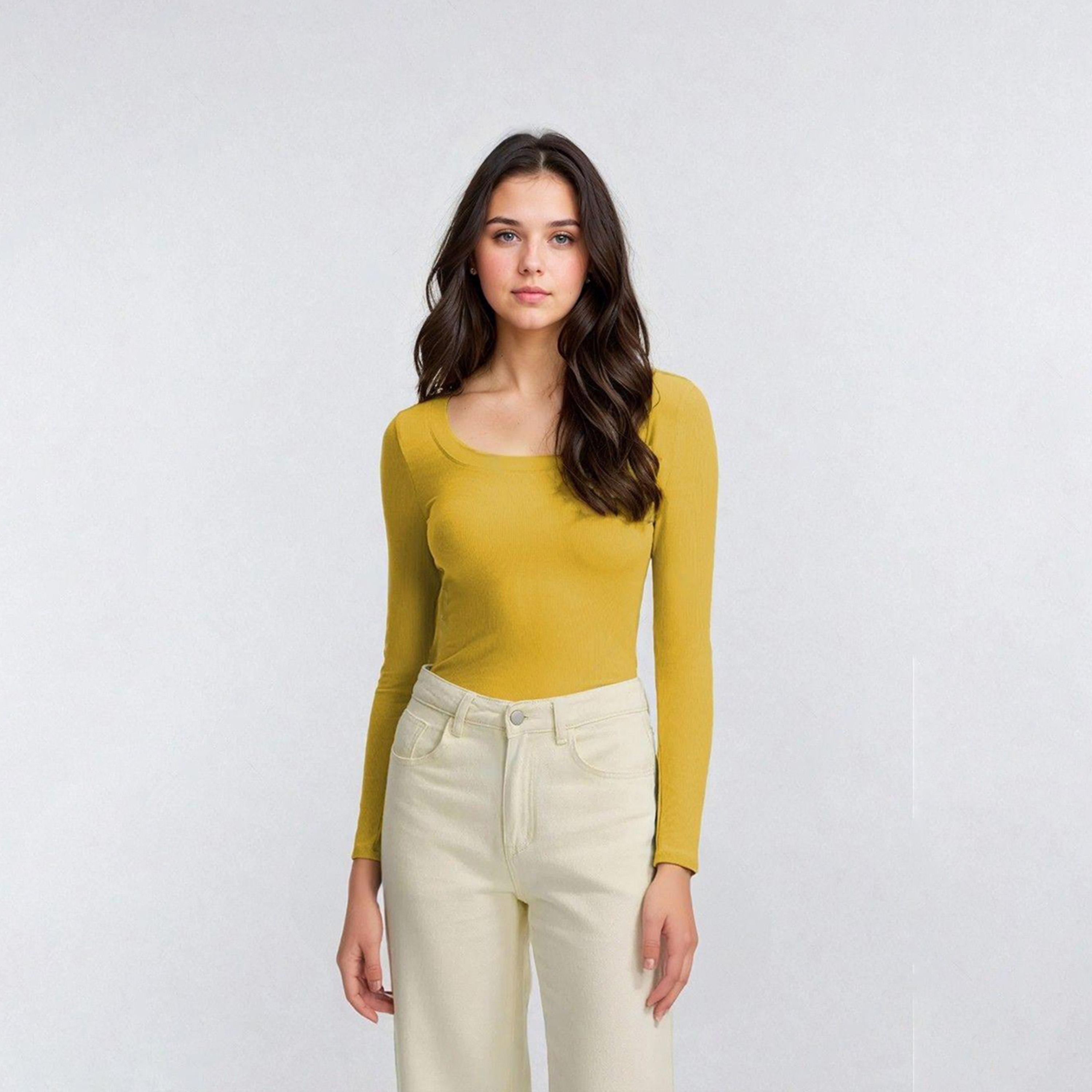 كوتي × ستايلي - تي شيرت نسائي ضيق ومضلع بأكمام طويلة - أصفر-women-clothing-tshirts-image-1