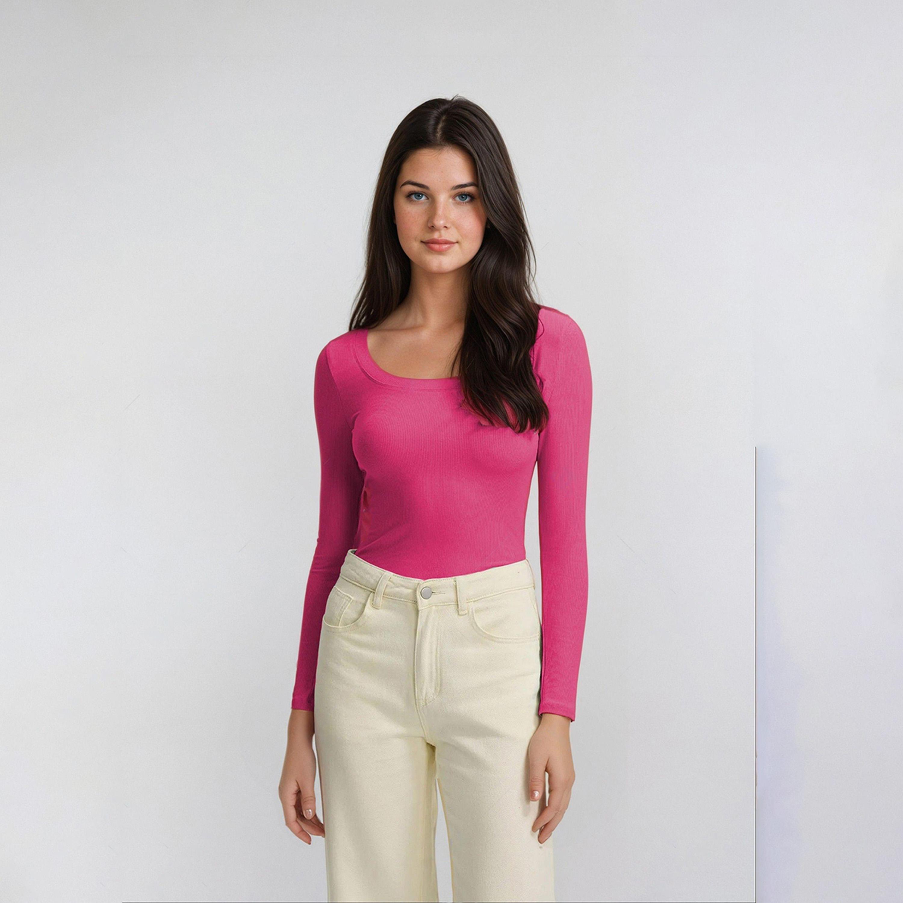 كوتي × ستايلي - تي شيرت نسائي ضيق ومضلع بأكمام طويلة - وردي-women-clothing-tshirts-image-1