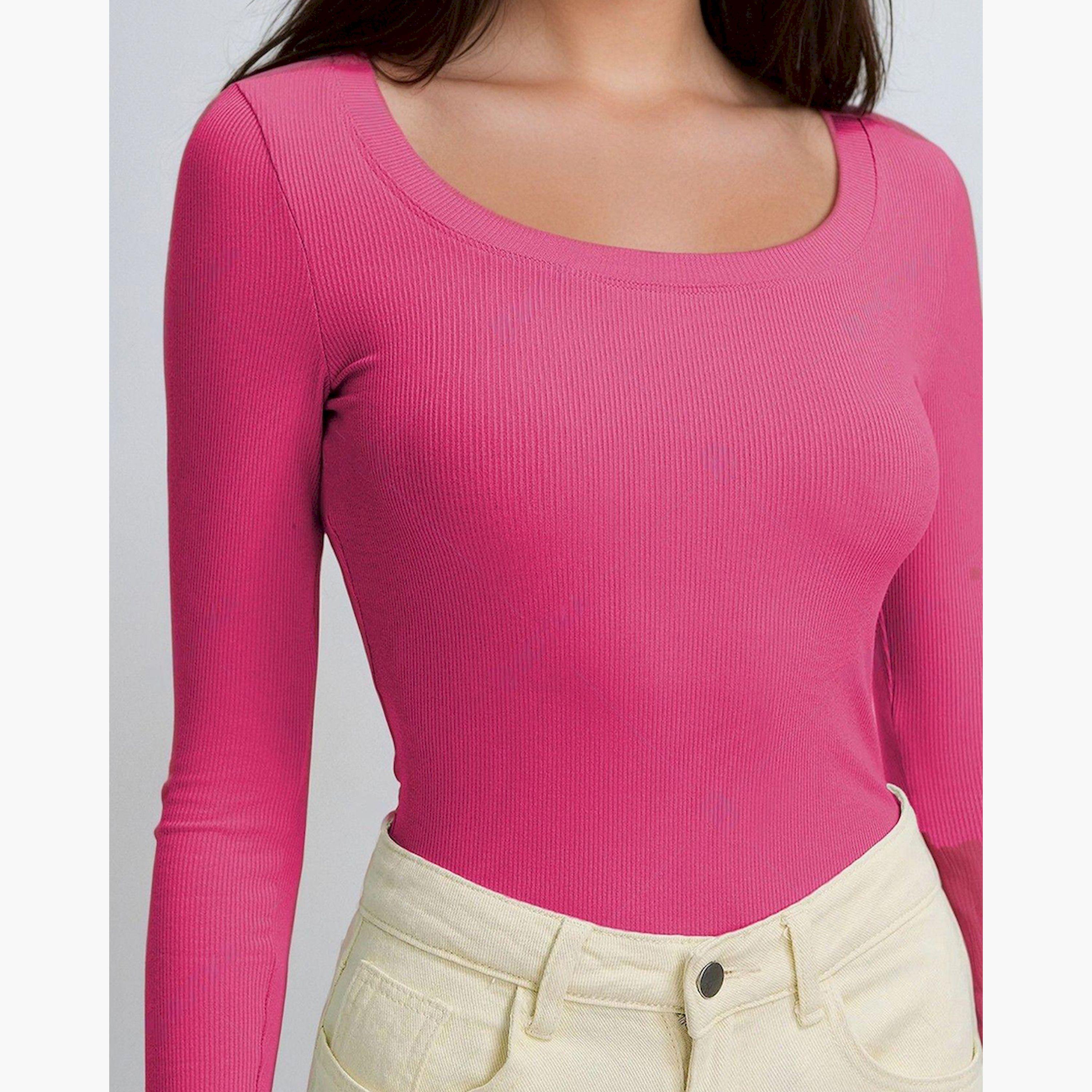 كوتي × ستايلي - تي شيرت نسائي ضيق ومضلع بأكمام طويلة - وردي-women-clothing-tshirts-image-5