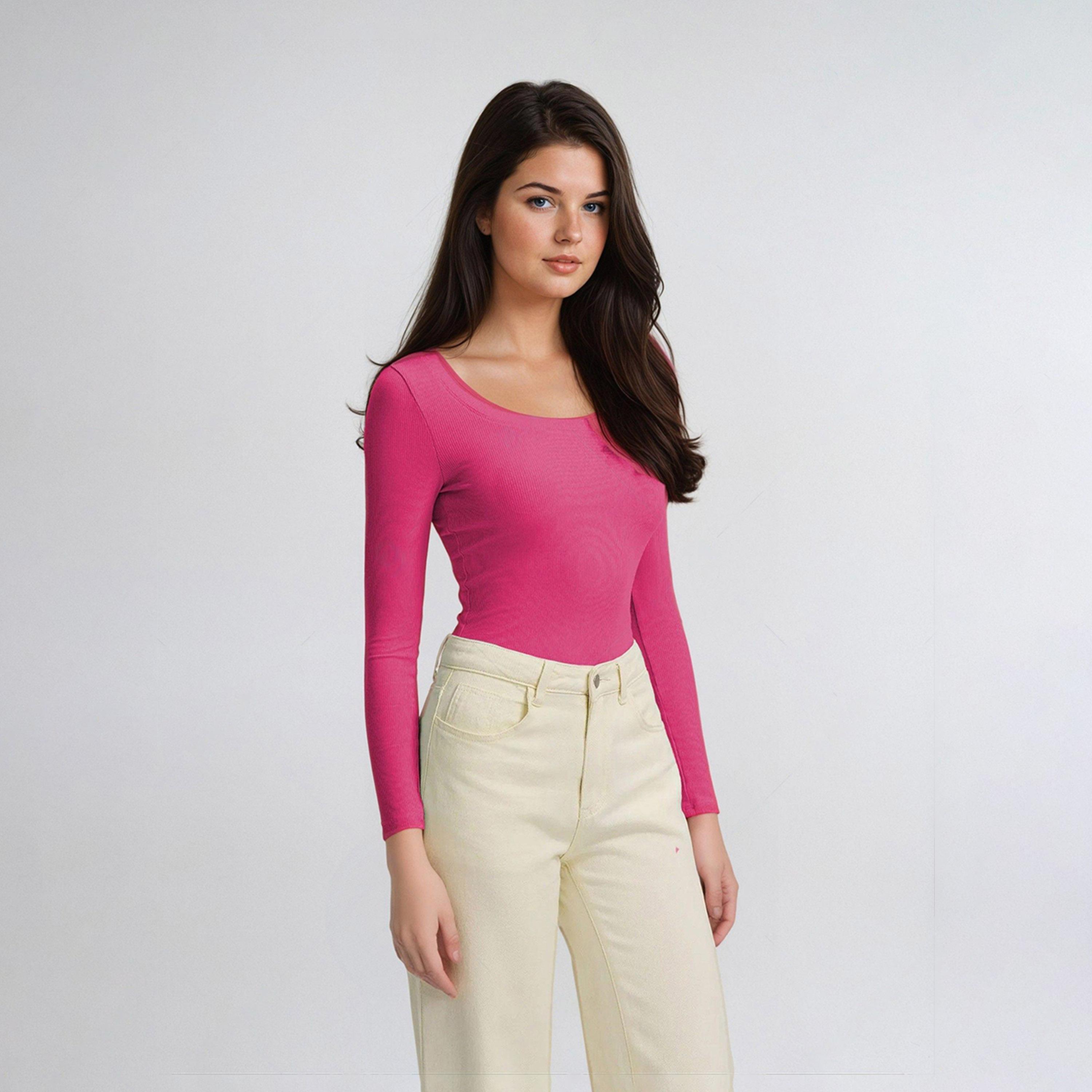 كوتي × ستايلي - تي شيرت نسائي ضيق ومضلع بأكمام طويلة - وردي-women-clothing-tshirts-image-7