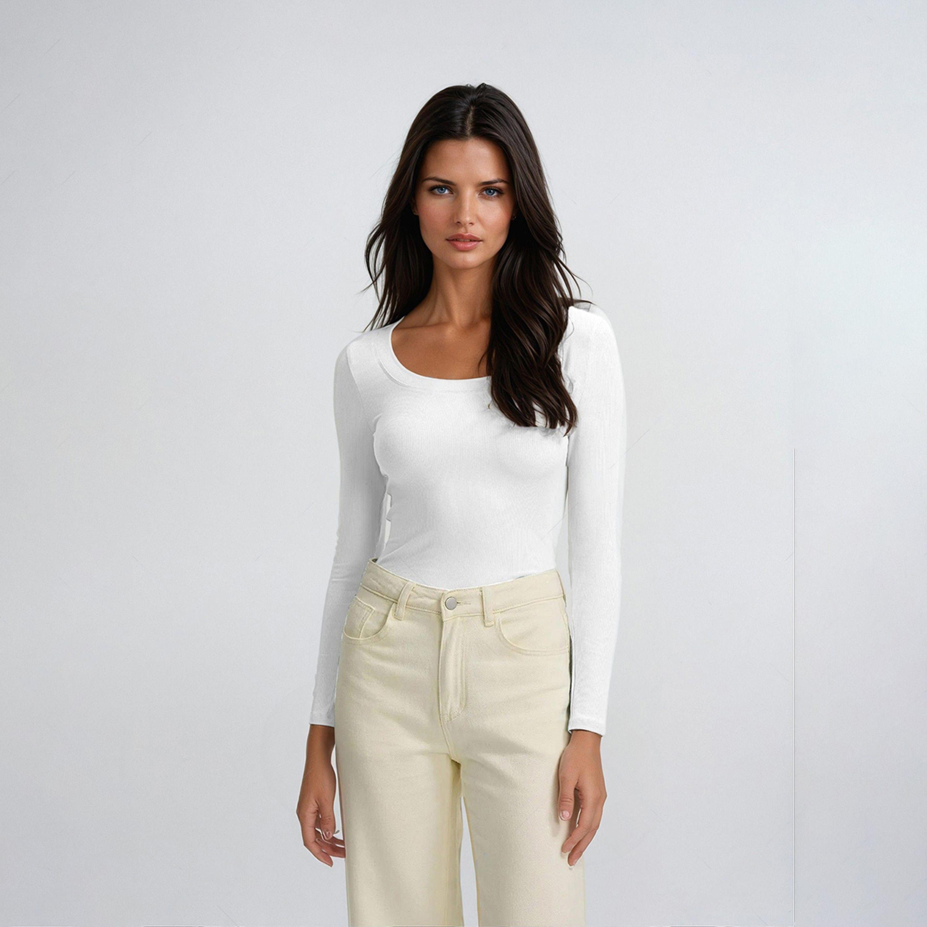 Kotty X Styli Womens Slim Fit Long Sleeve Ribbed White T-shirt-women-clothing-tshirts-image-1
