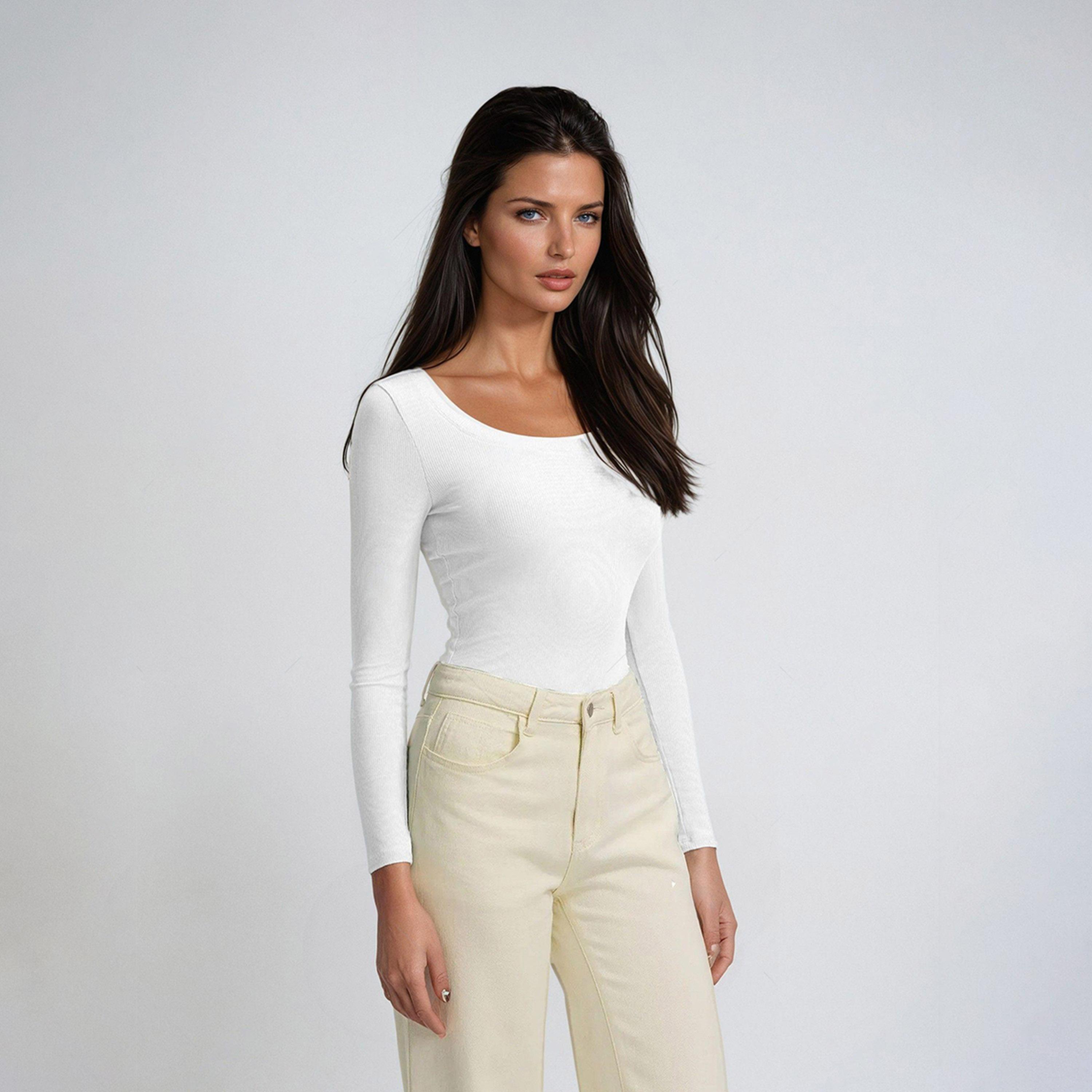 كوتي × ستايلي - تي شيرت نسائي ضيق ومضلع بأكمام طويلة - أبيض-women-clothing-tshirts-image-7