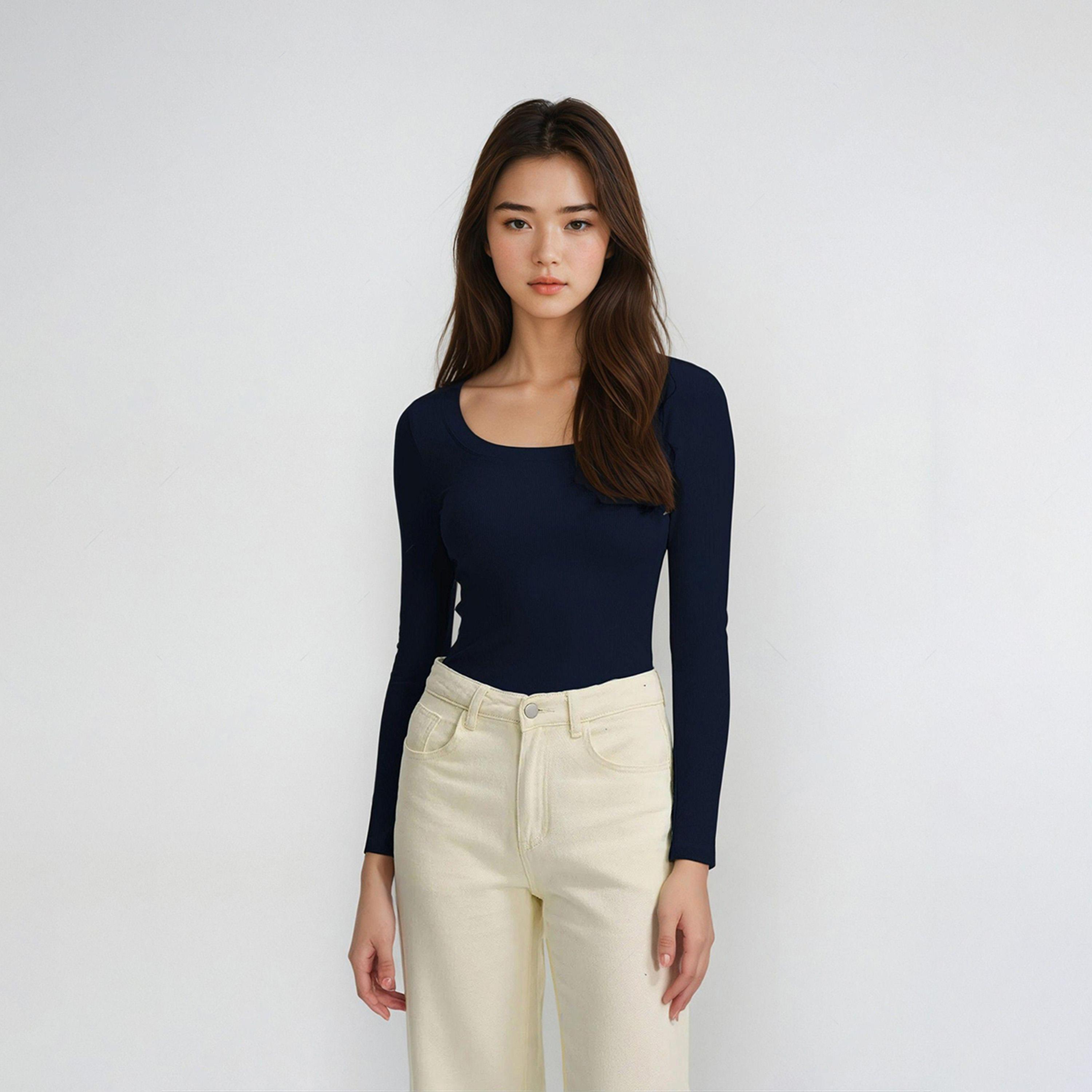 كوتي × ستايلي - تي شيرت نسائي ضيق ومضلع بأكمام طويلة - أزرق-women-clothing-tshirts-image-1
