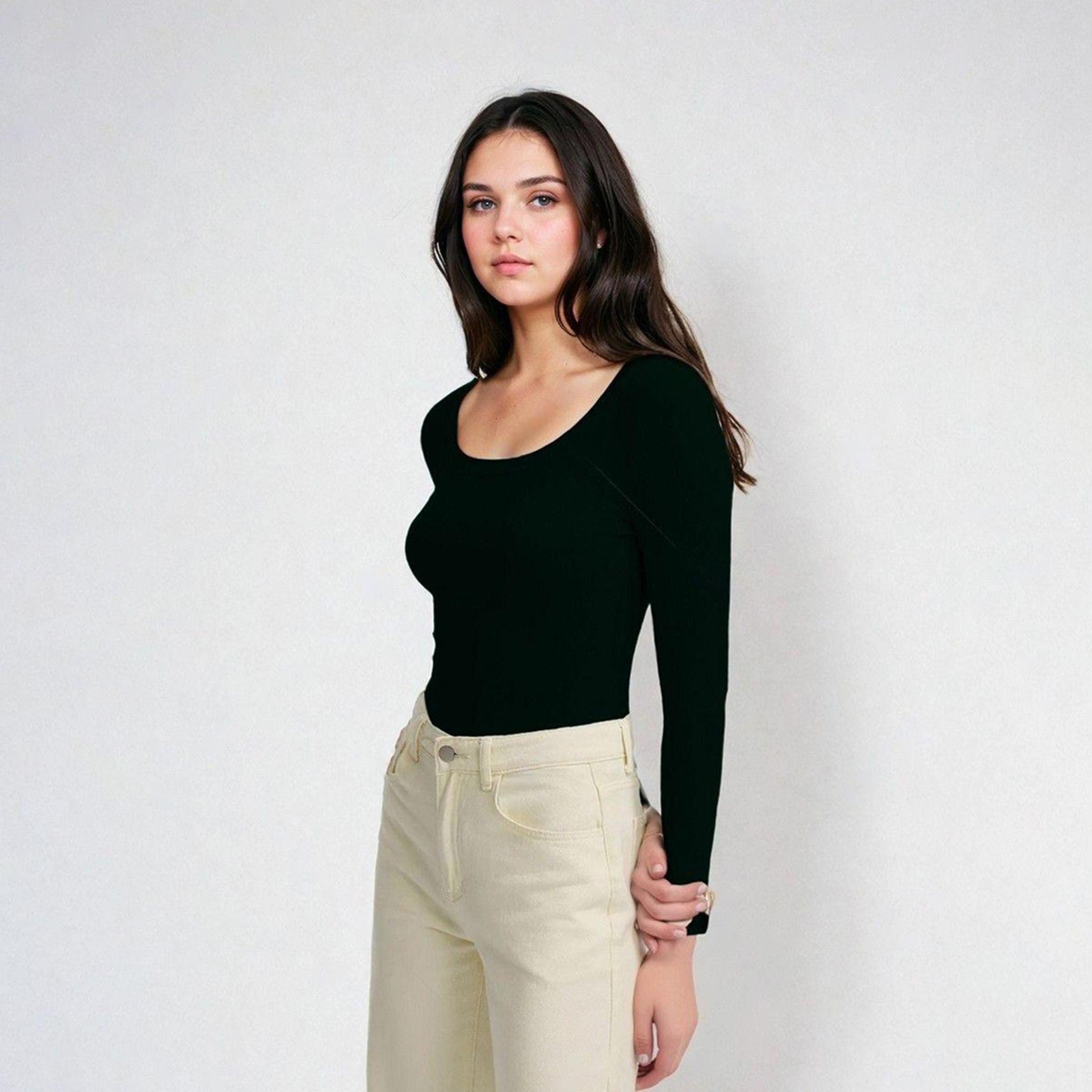 Kotty X Styli Womens Slim Fit Long Sleeve Ribbed Green T-shirt-women-clothing-tshirts-image-5