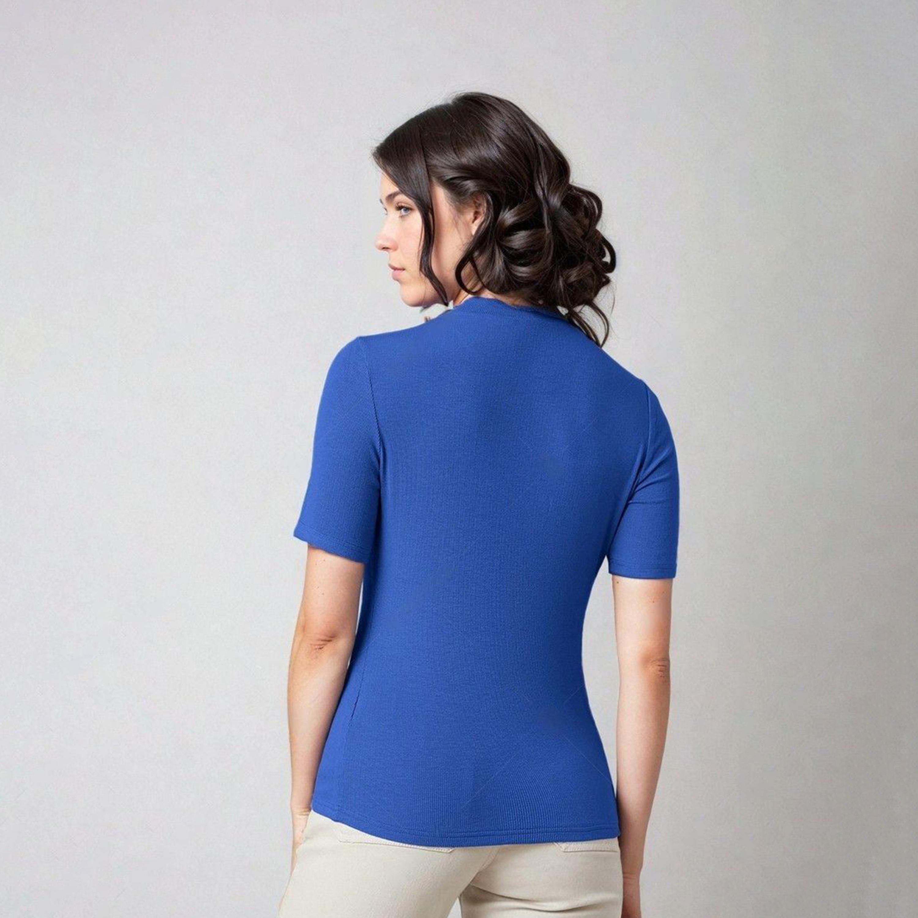 كوتي × ستايلي - تي شيرت نسائي ضيق ومضلع بأكمام قصيرة - أزرق-women-clothing-tshirts-image-2