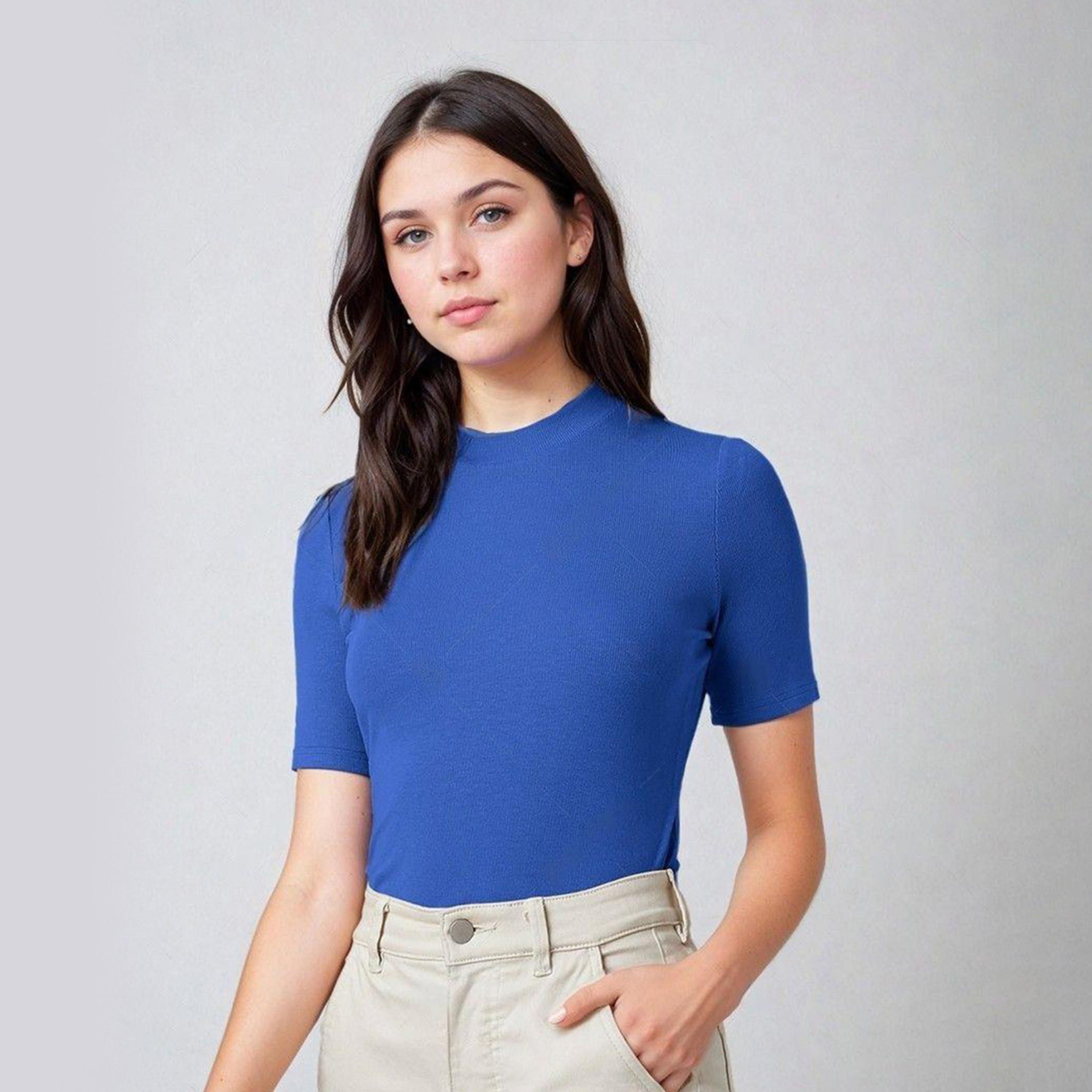 كوتي × ستايلي - تي شيرت نسائي ضيق ومضلع بأكمام قصيرة - أزرق-women-clothing-tshirts-image-4