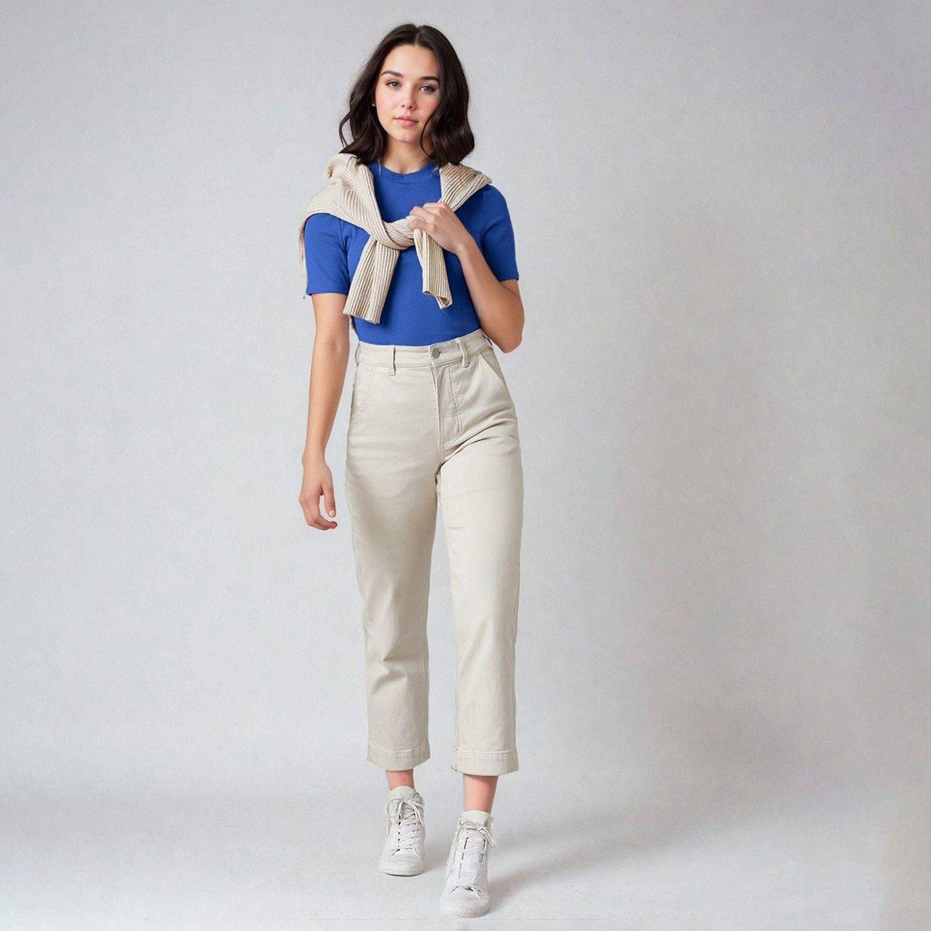 كوتي × ستايلي - تي شيرت نسائي ضيق ومضلع بأكمام قصيرة - أزرق-women-clothing-tshirts-image-5