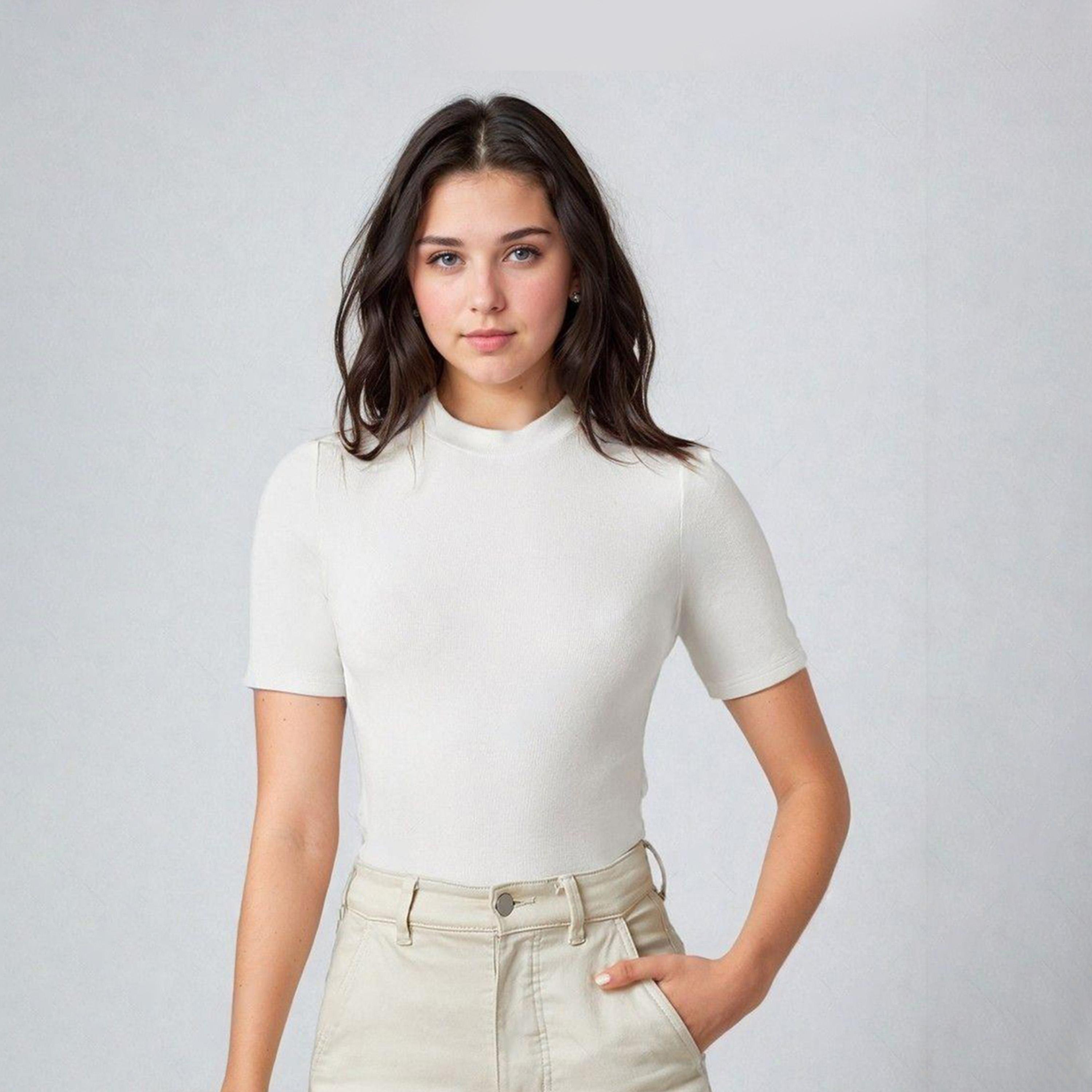 كوتي × ستايلي - تي شيرت نسائي ضيق ومضلع بأكمام قصيرة - الأبيض-women-clothing-tshirts-image-1