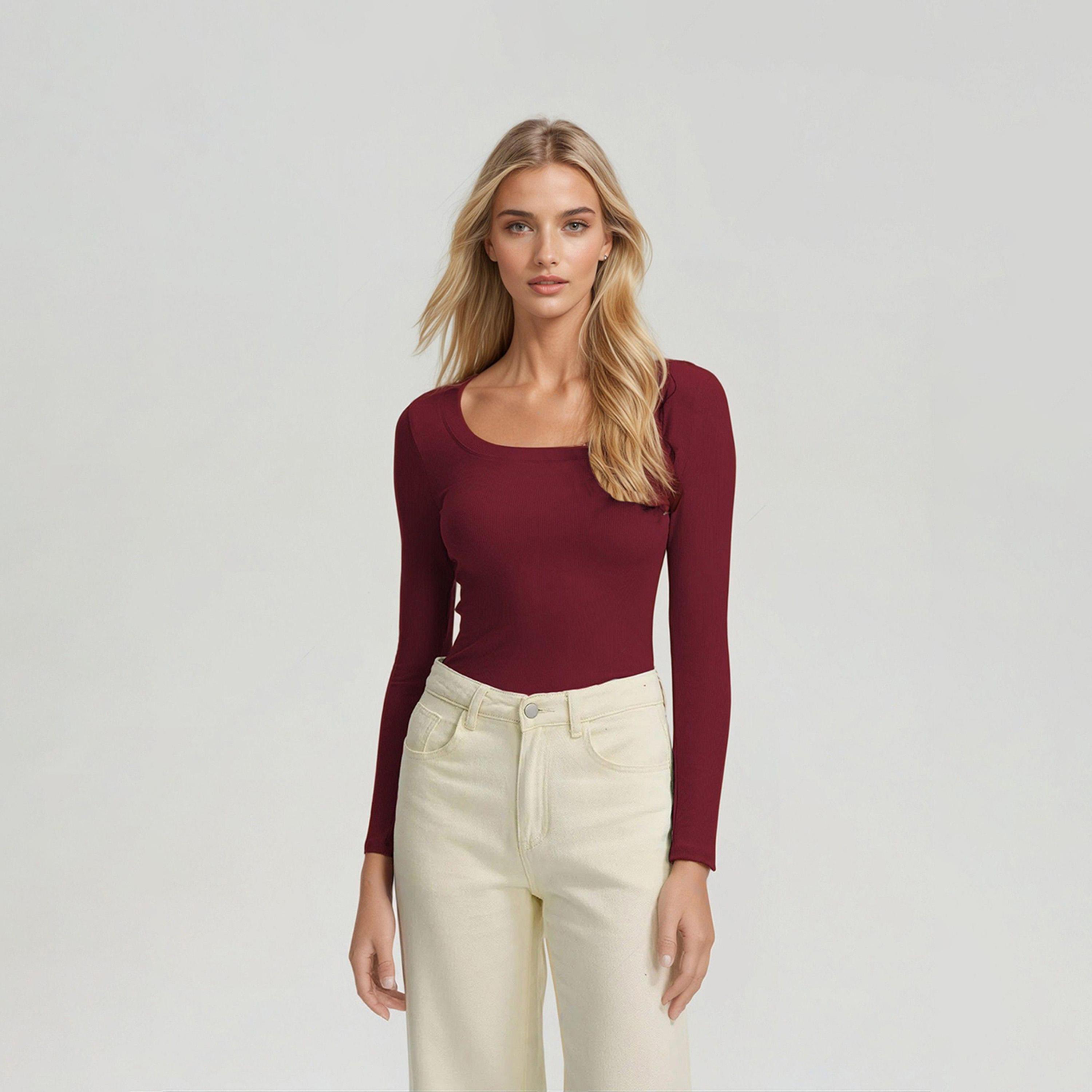 كوتي × ستايلي - تي شيرت نسائي ضيق ومضلع بأكمام طويلة - أحمر-women-clothing-tshirts-image-1