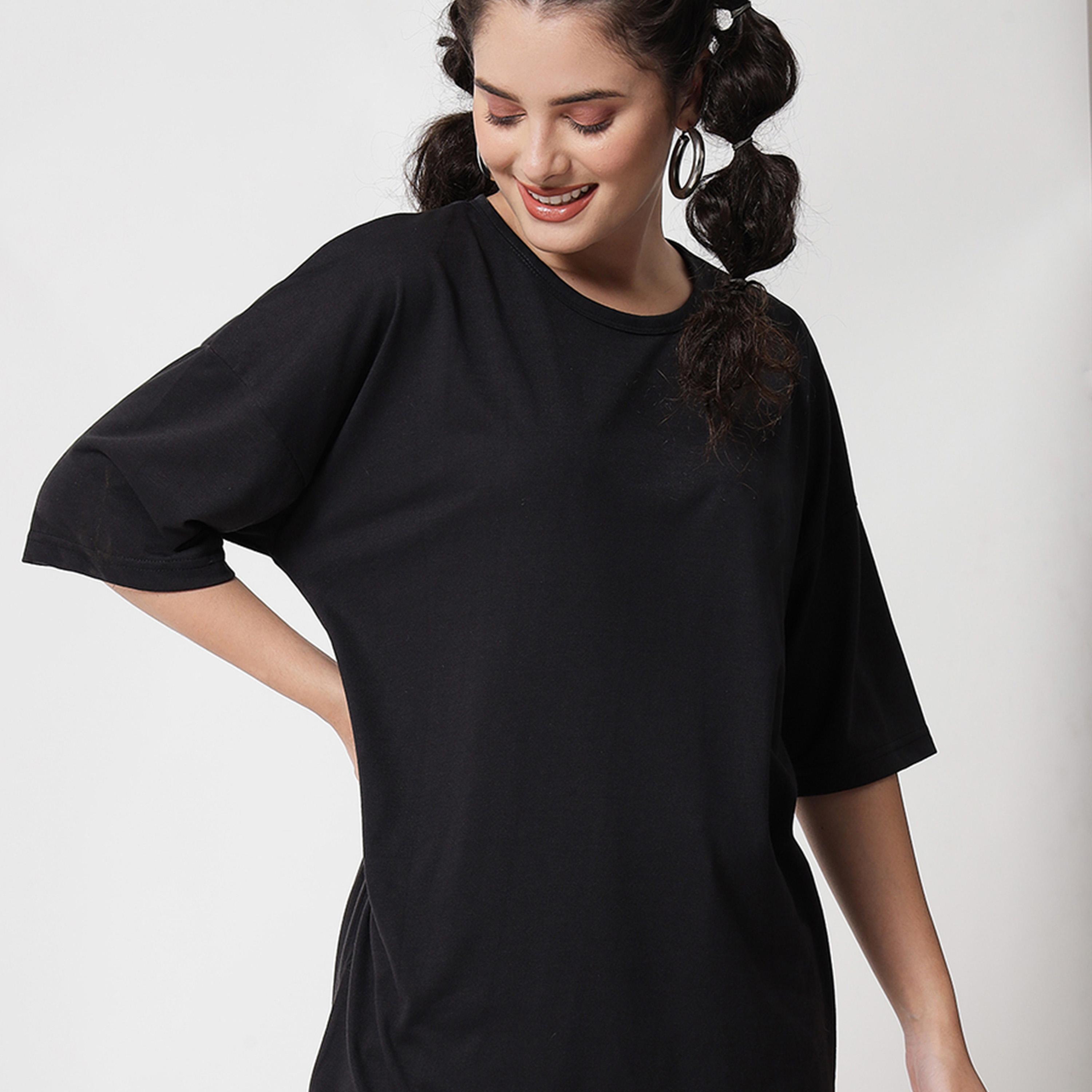 Kotty X Styli Womens Solid Cotton Blend Jade Black Tshirts Black T-shirt-women-clothing-tshirts-image-3