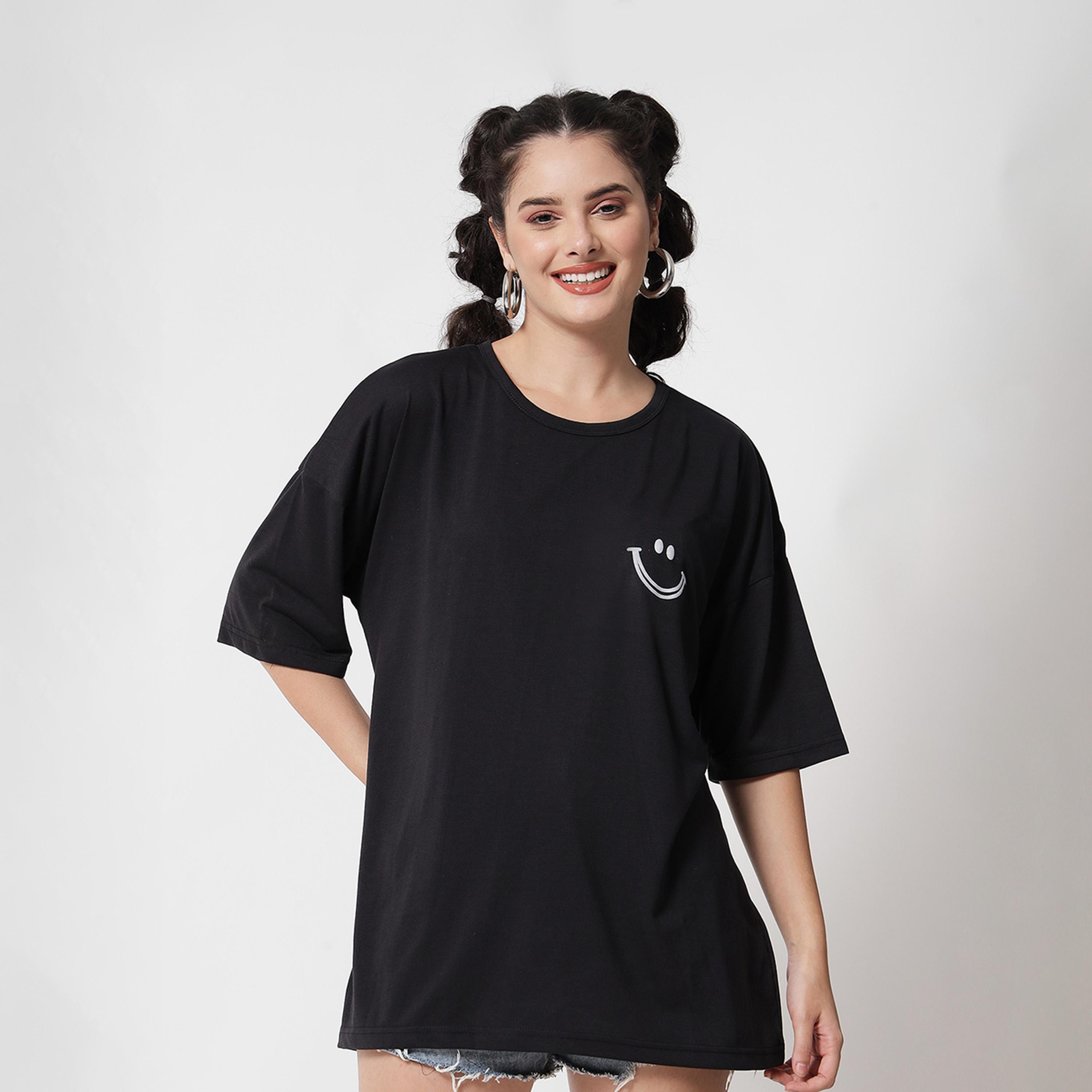 Kotty X Styli Womens Printed Cotton Blend Jet Black Tshirts Black T-shirt-women-clothing-tshirts-image-1