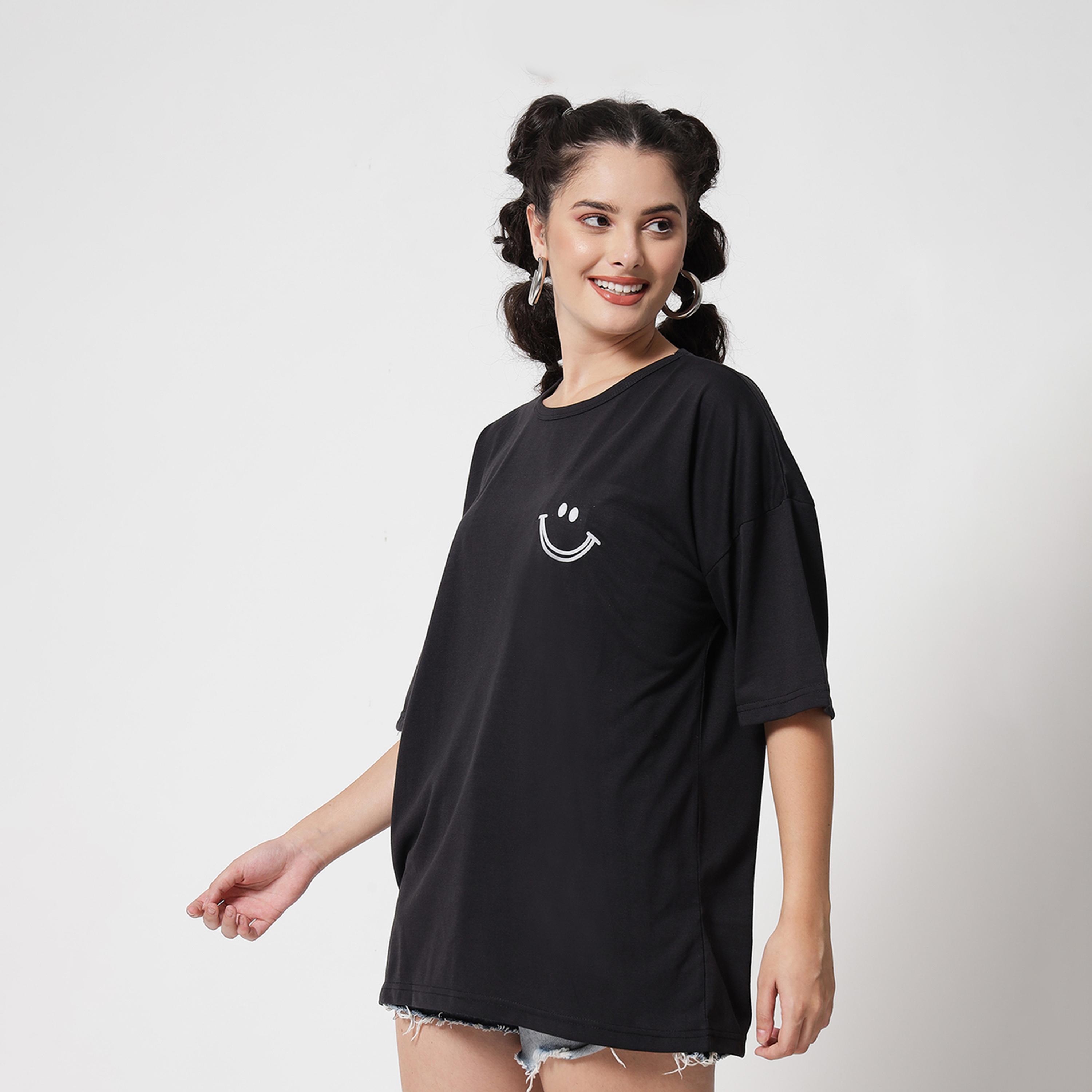 Kotty X Styli Womens Printed Cotton Blend Jet Black Tshirts Black T-shirt-women-clothing-tshirts-image-2