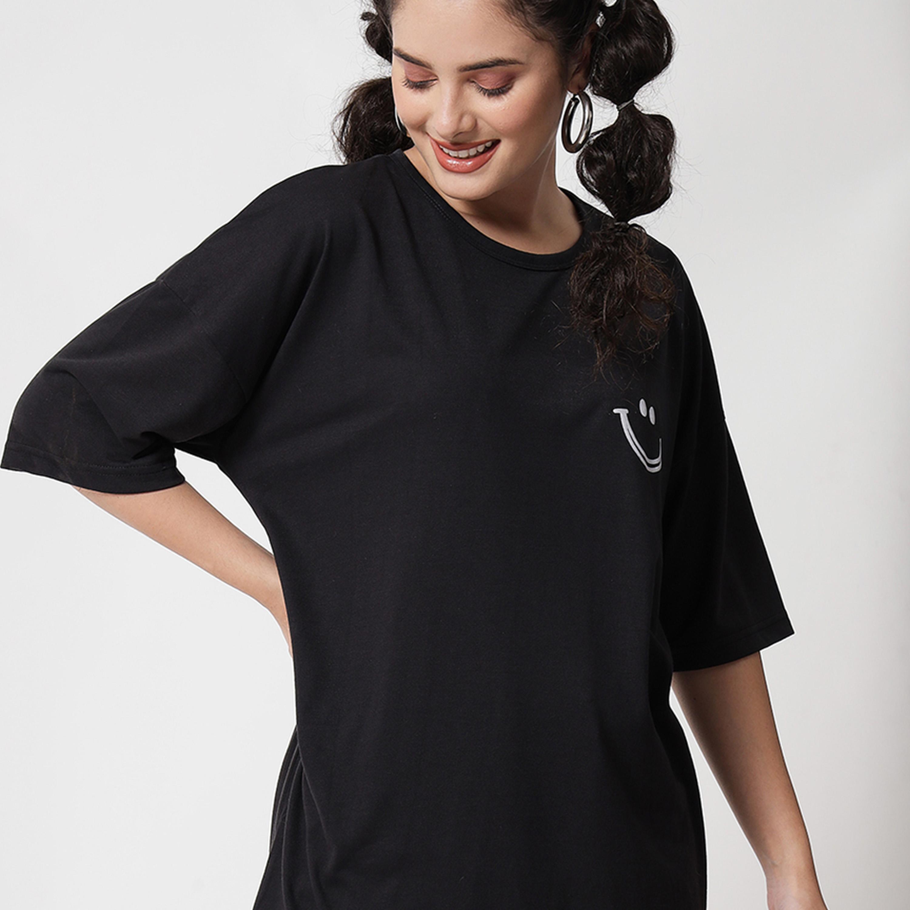 Kotty X Styli Womens Printed Cotton Blend Jet Black Tshirts Black T-shirt-women-clothing-tshirts-image-3