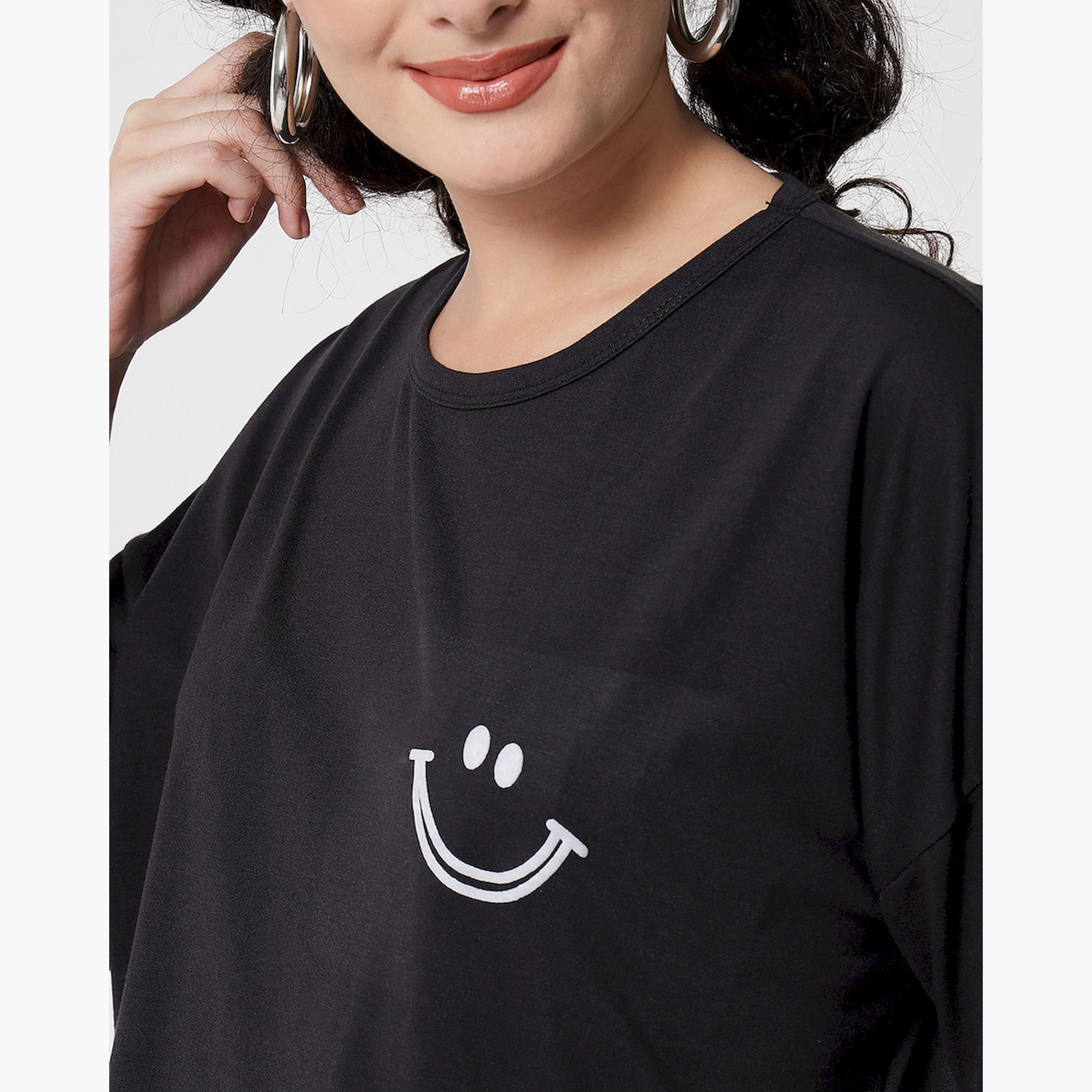 Kotty X Styli Womens Printed Cotton Blend Jet Black Tshirts Black T-shirt-women-clothing-tshirts-image-4