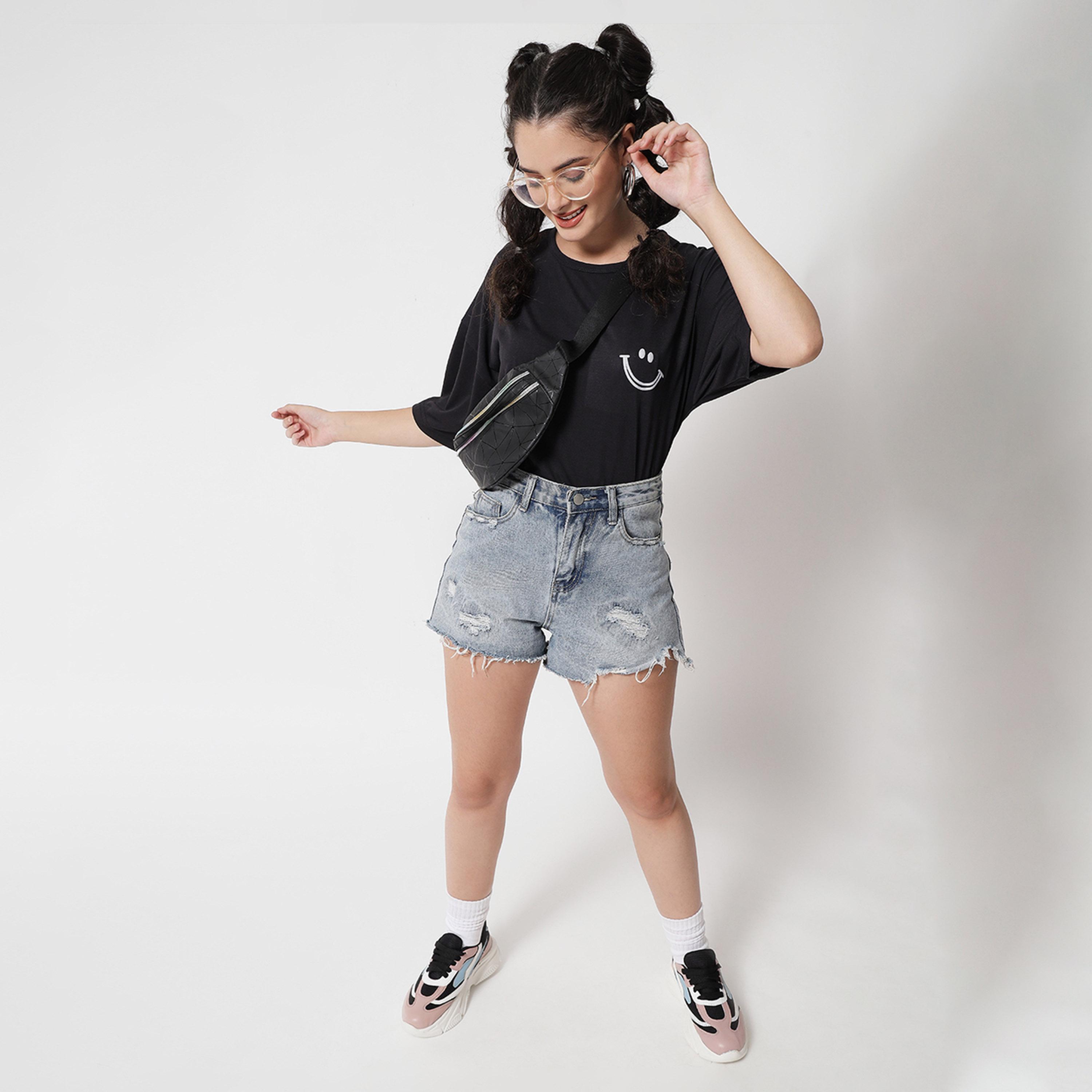 Kotty X Styli Womens Printed Cotton Blend Jet Black Tshirts Black T-shirt-women-clothing-tshirts-image-6