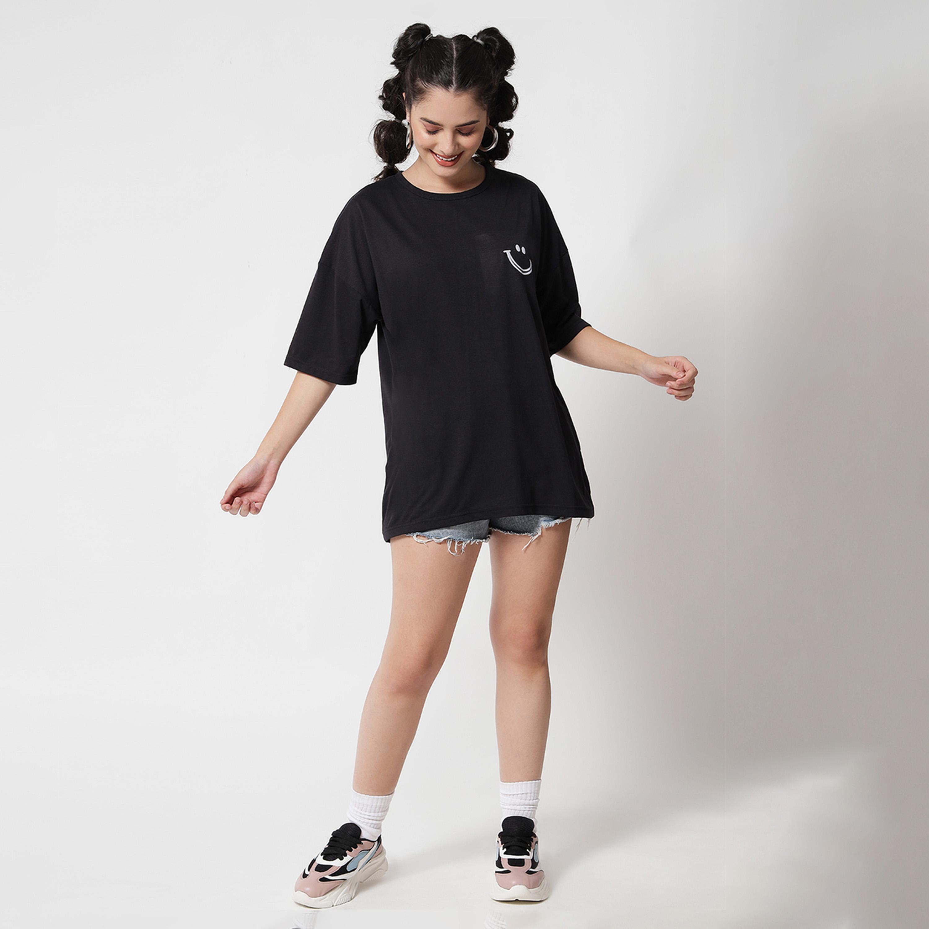 Kotty X Styli Womens Printed Cotton Blend Jet Black Tshirts Black T-shirt-women-clothing-tshirts-image-7