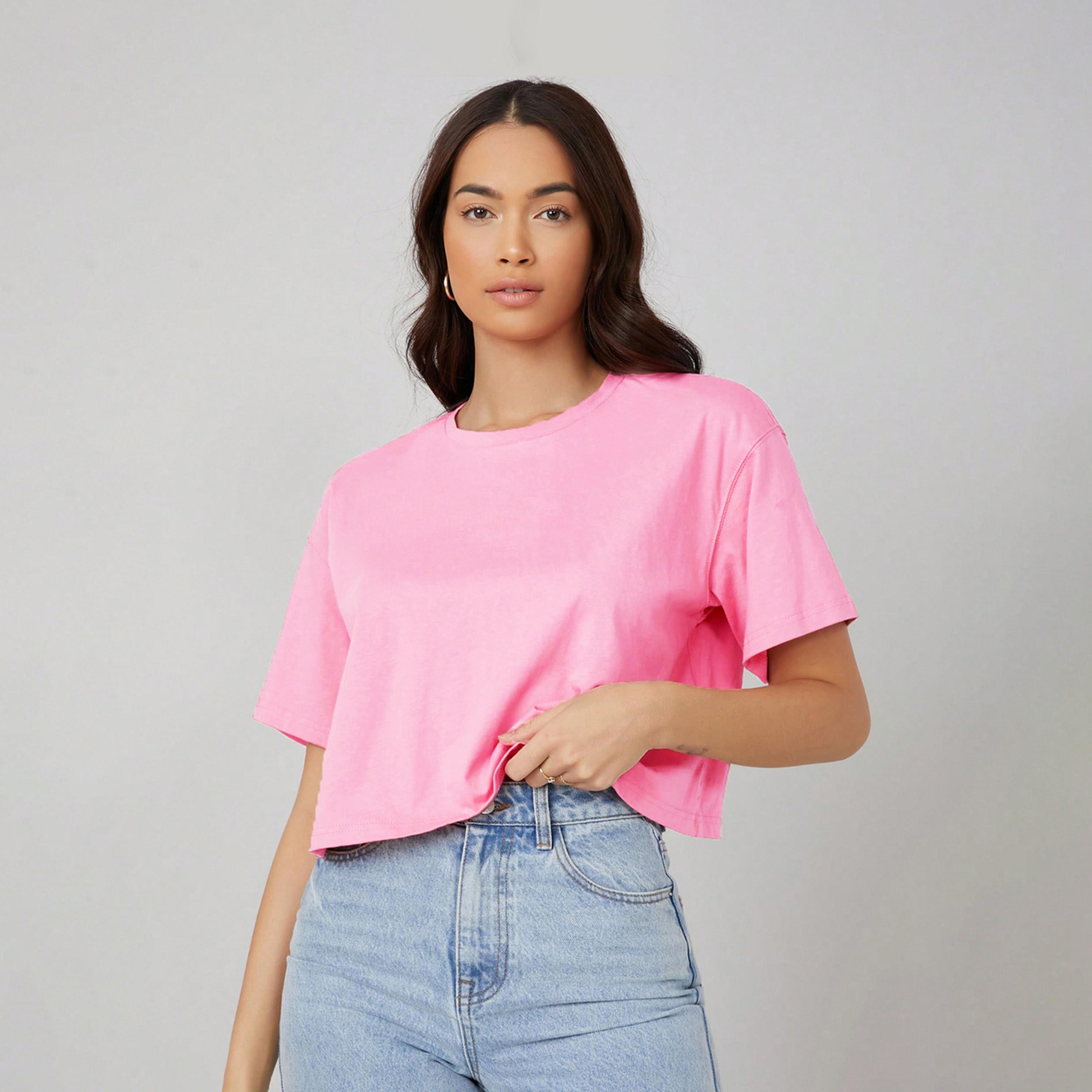Kotty X Styli Womens Solid Cotton Blend Oversized Crop s Pink T-shirt-women-clothing-tshirts-image-1
