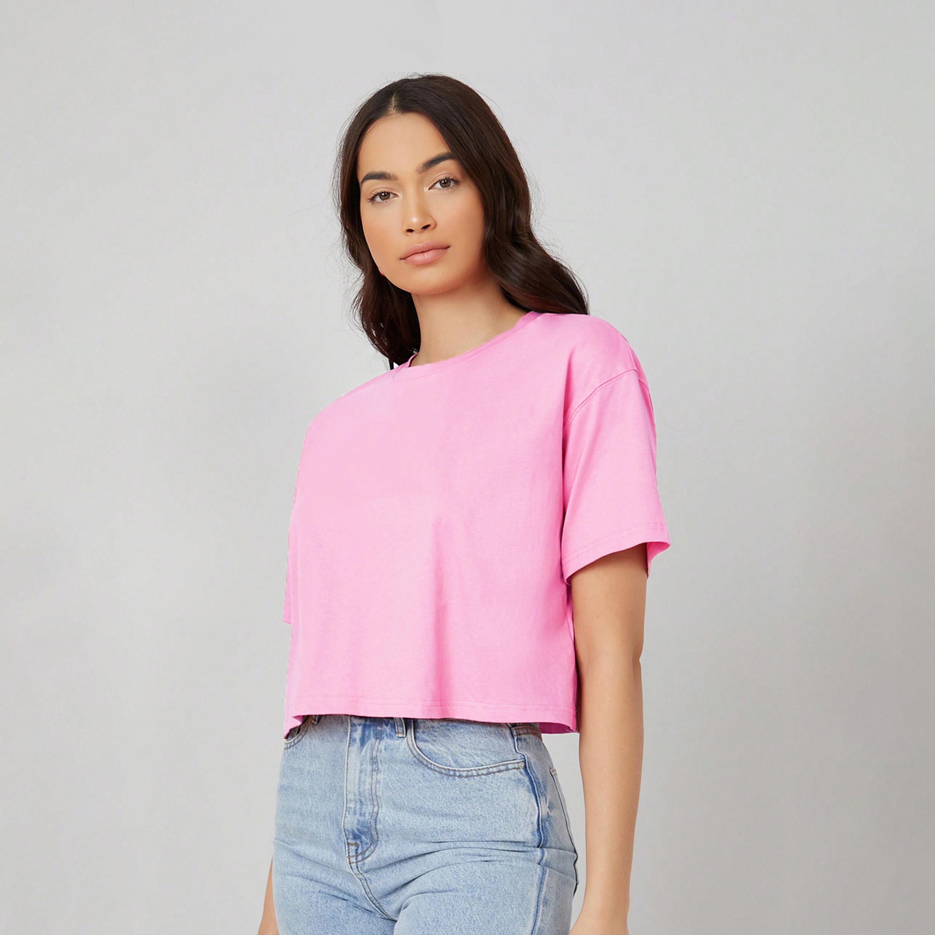 Kotty X Styli Womens Solid Cotton Blend Oversized Crop s Pink T-shirt-women-clothing-tshirts-image-2