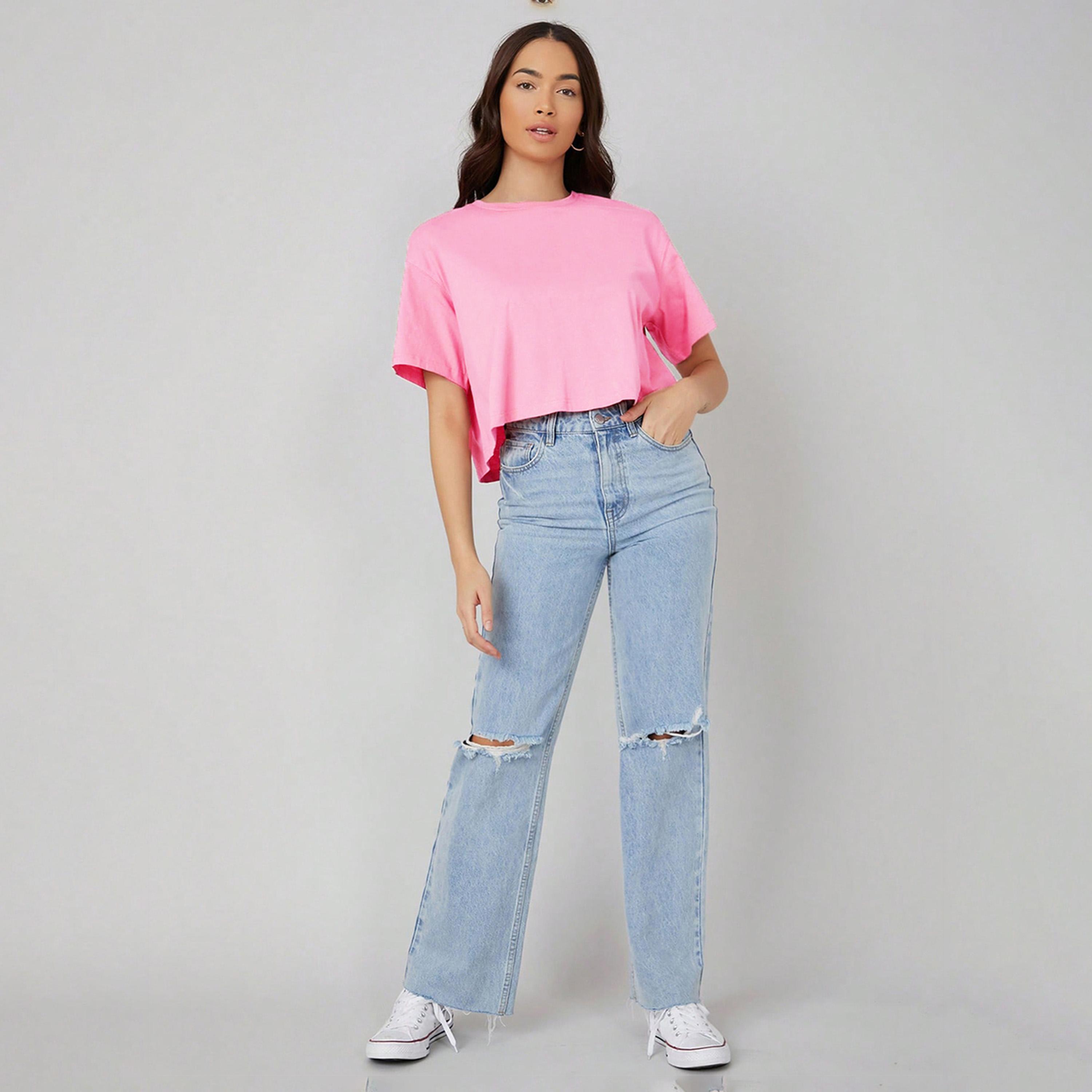 Kotty X Styli Womens Solid Cotton Blend Oversized Crop s Pink T-shirt-women-clothing-tshirts-image-3