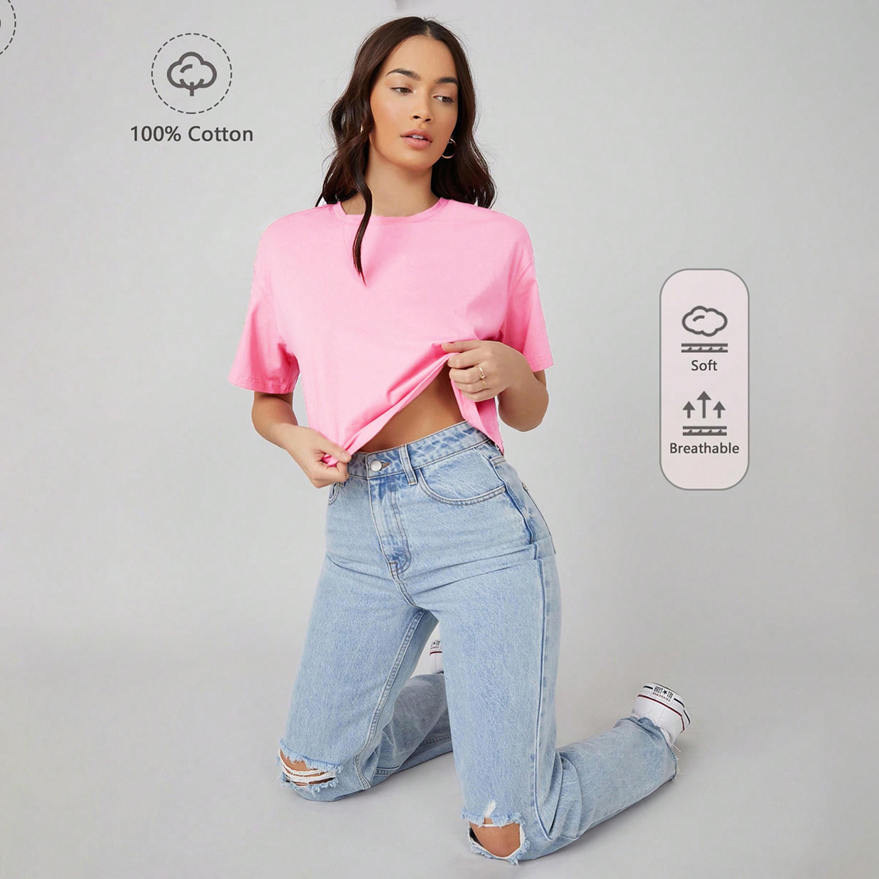 Kotty X Styli Womens Solid Cotton Blend Oversized Crop s Pink T-shirt-women-clothing-tshirts-image-4
