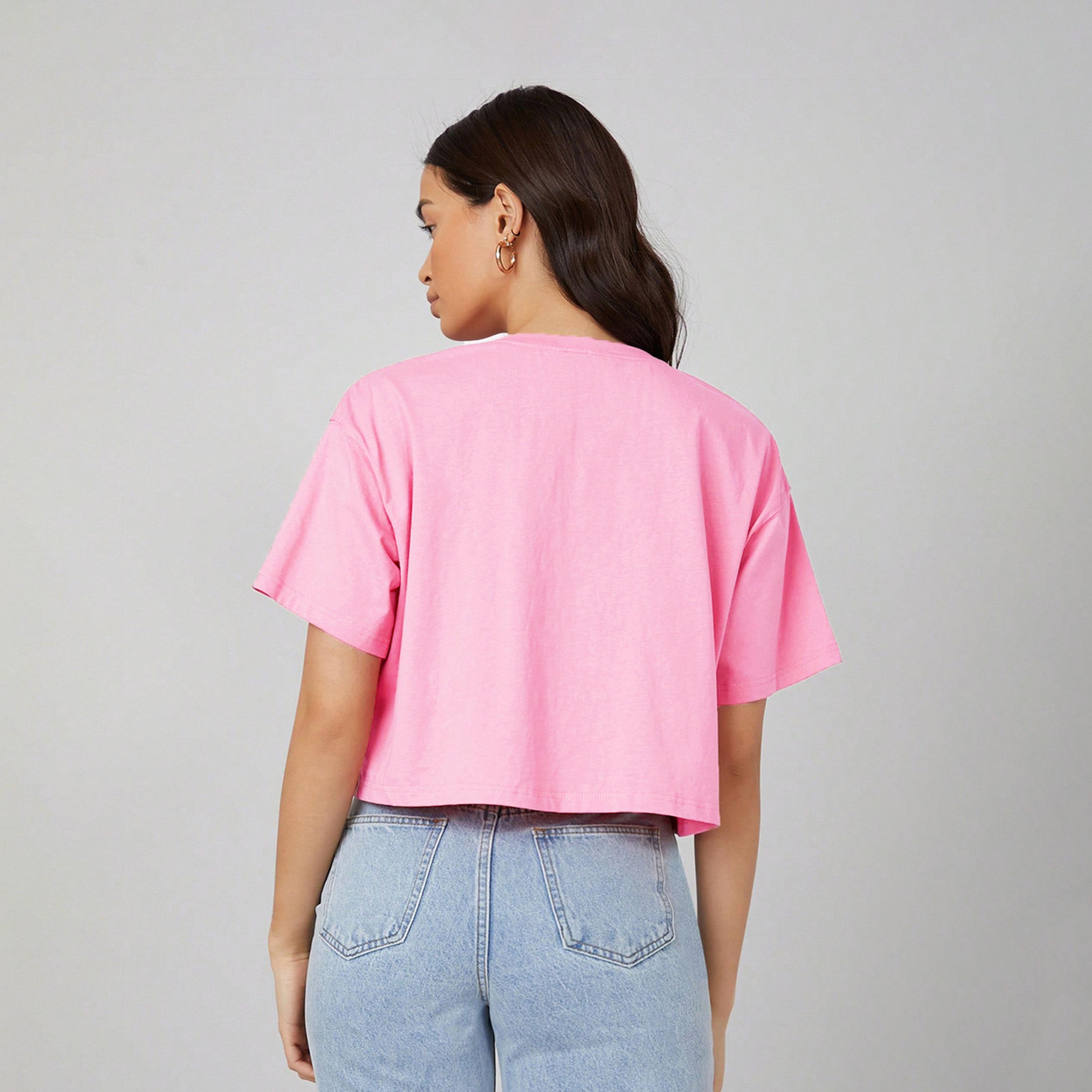 كوتي × ستايلي - تي شيرت نسائي قصير سادة مقاس كبير من مزيج القطن - زهري-women-clothing-tshirts-image-5