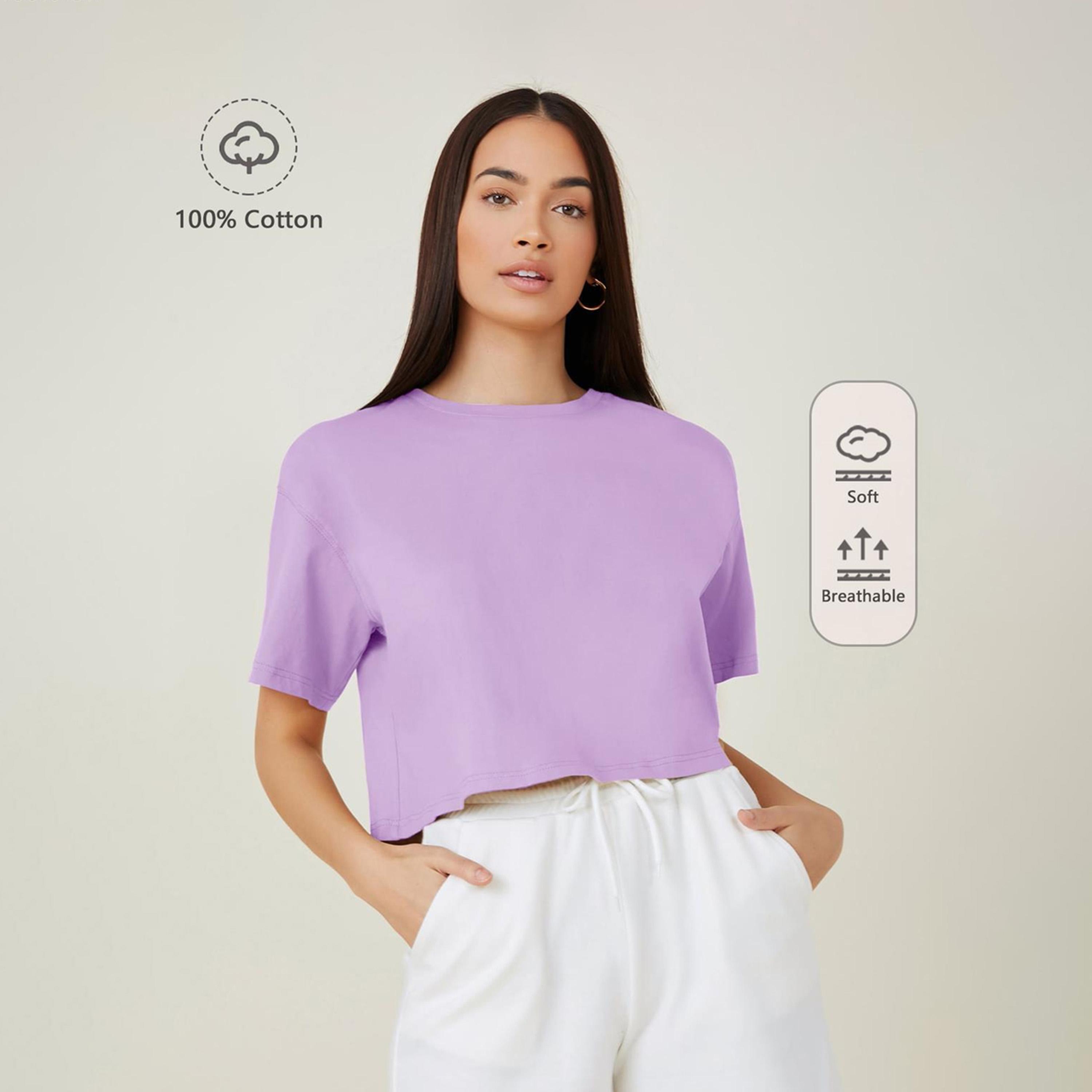 كوتي × ستايلي - تي شيرت نسائي قصير سادة مقاس كبير من مزيج القطن - بنفسجي-women-clothing-tshirts-image-1