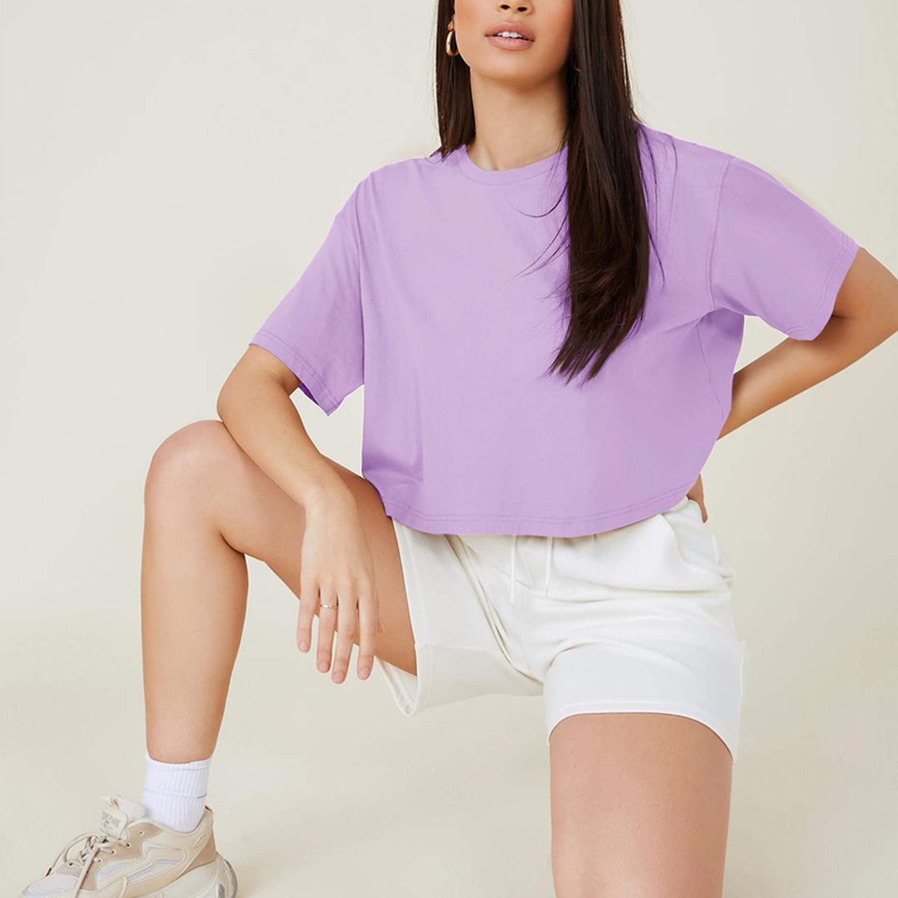 كوتي × ستايلي - تي شيرت نسائي قصير سادة مقاس كبير من مزيج القطن - بنفسجي-women-clothing-tshirts-image-2