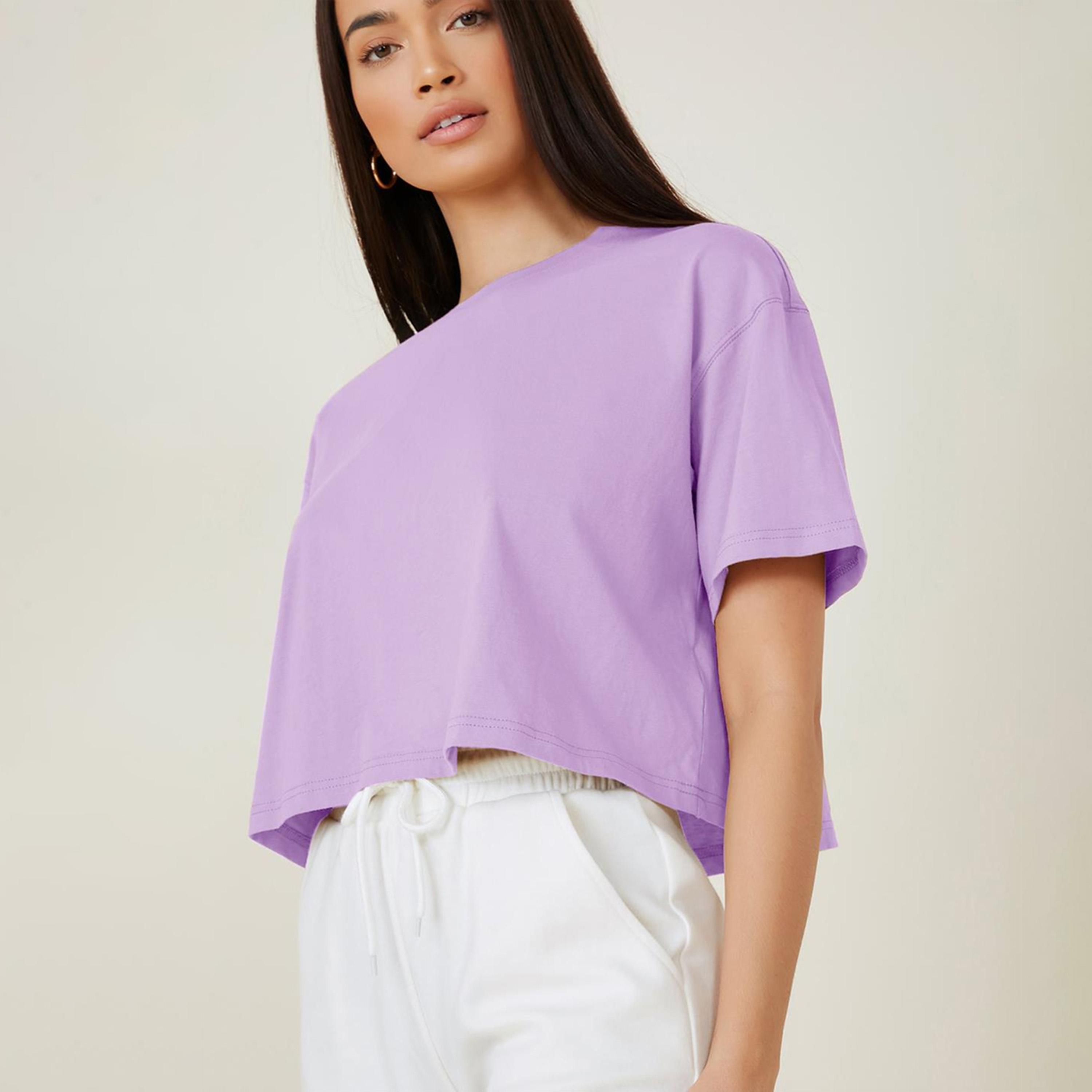 Kotty X Styli Womens Solid Cotton Blend Oversized Crop s Purple T-shirt-women-clothing-tshirts-image-3