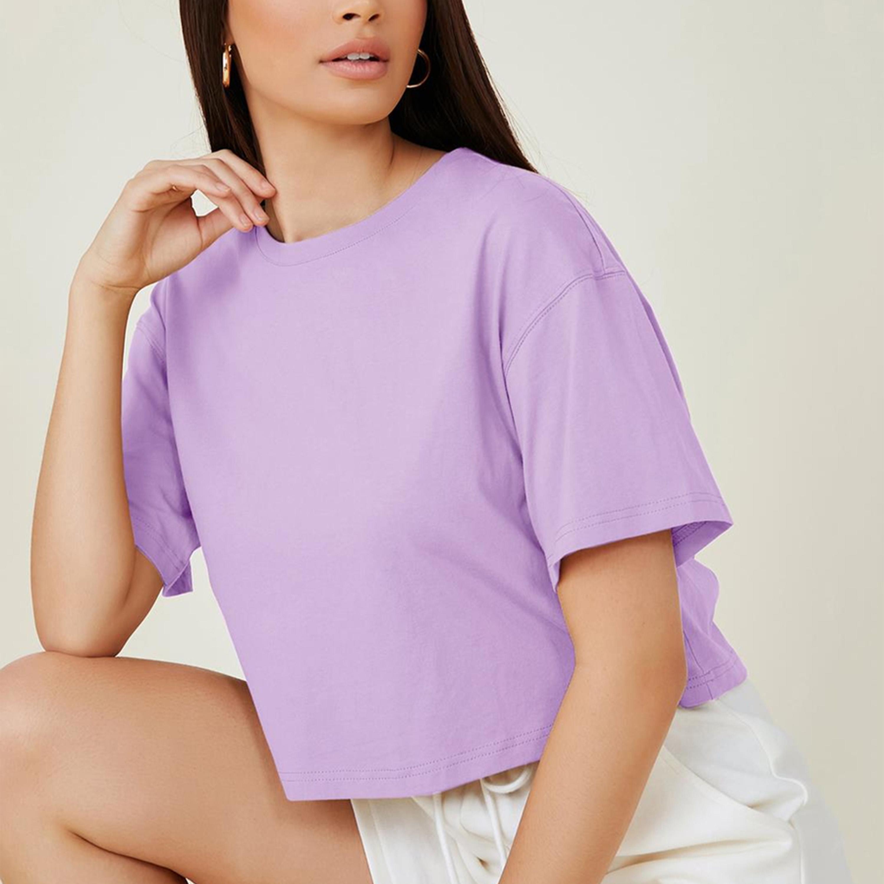 Kotty X Styli Womens Solid Cotton Blend Oversized Crop s Purple T-shirt-women-clothing-tshirts-image-4