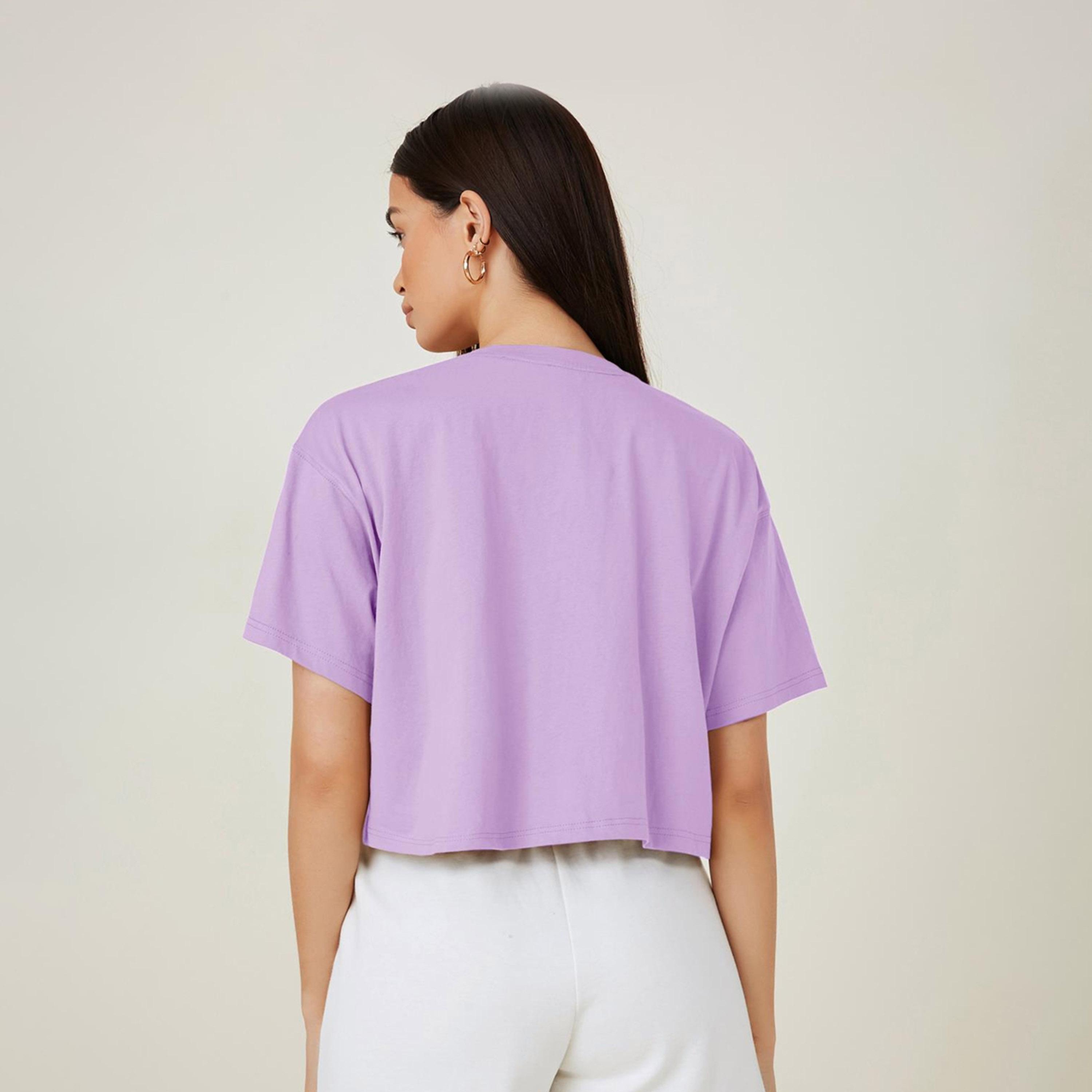Kotty X Styli Womens Solid Cotton Blend Oversized Crop s Purple T-shirt-women-clothing-tshirts-image-5