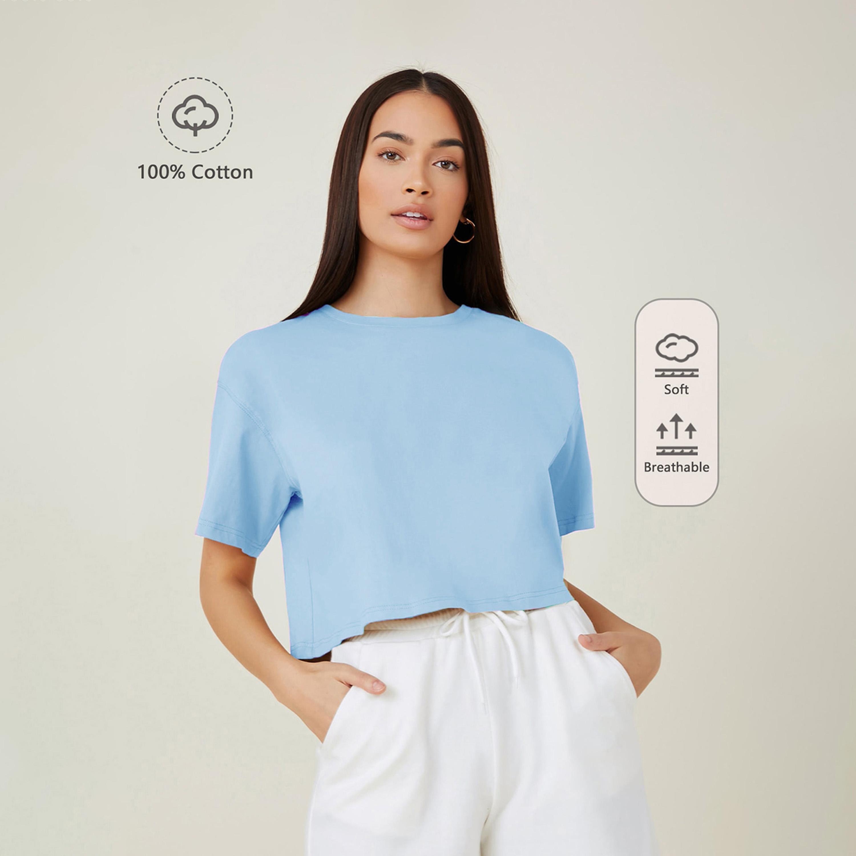 Kotty X Styli Womens Solid Cotton Blend Oversized Crop s Blue T-shirt-women-clothing-tshirts-image-1