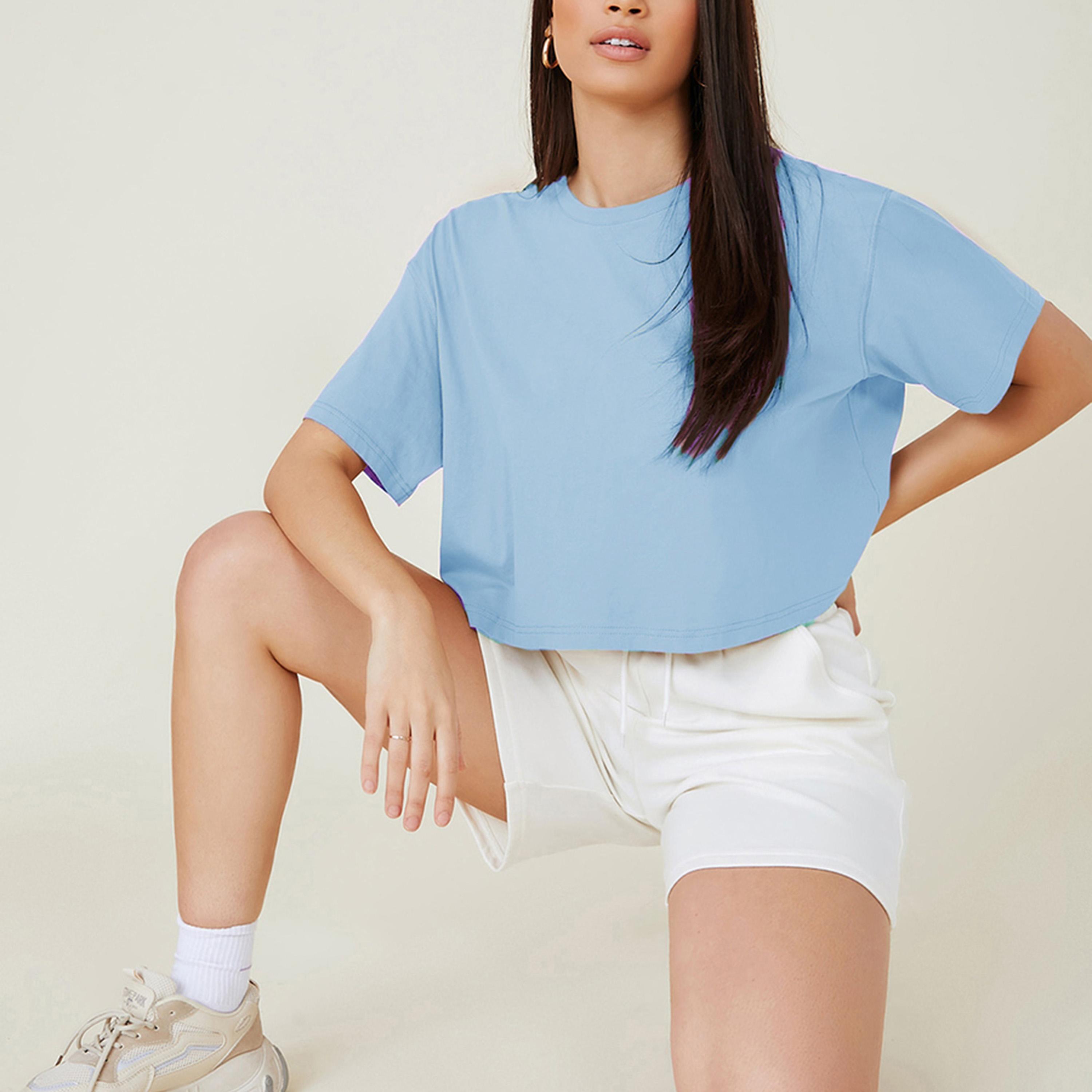 كوتي × ستايلي - تي شيرت نسائي قصير مقاس كبير من مزيج القطن - أزرق-women-clothing-tshirts-image-2