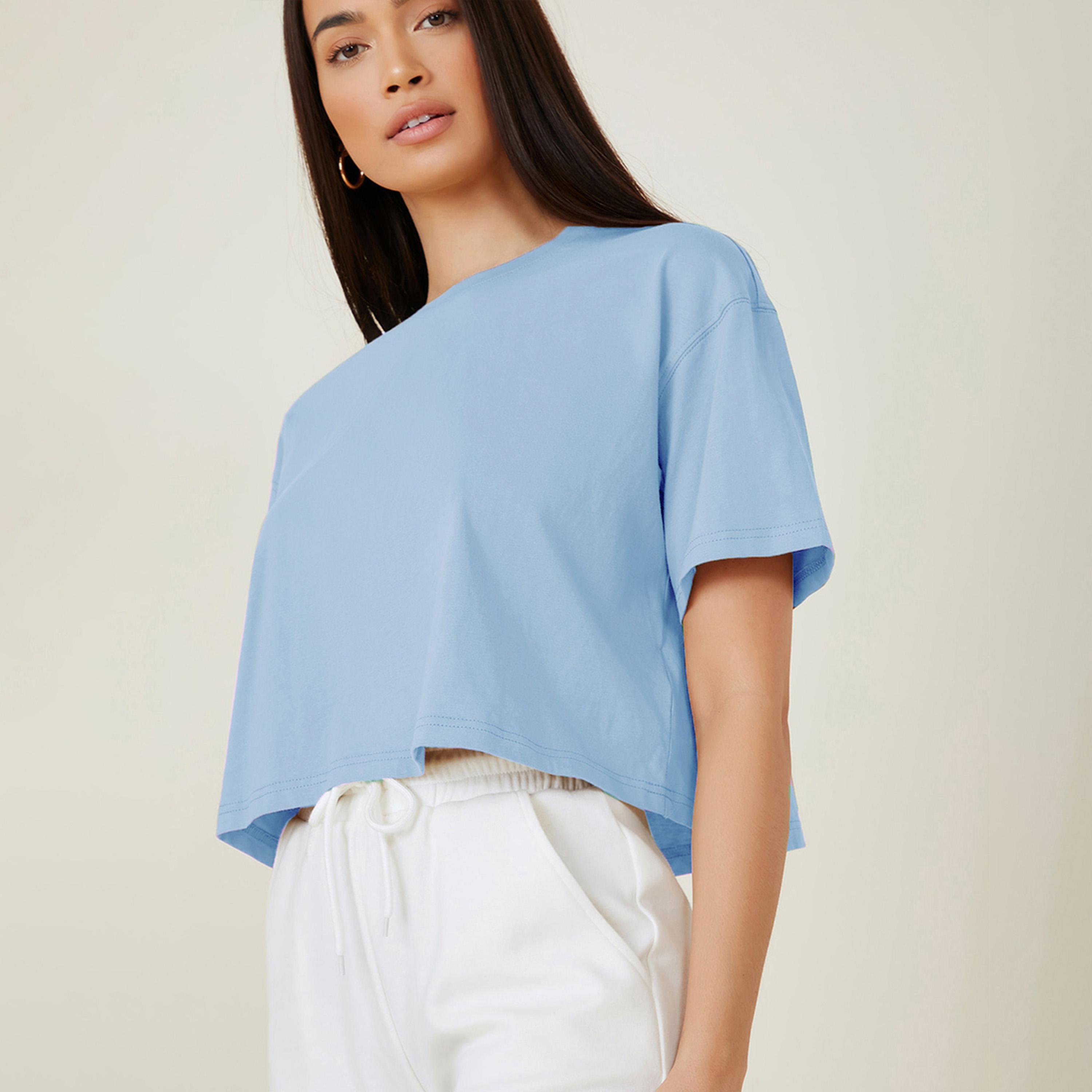 Kotty X Styli Womens Solid Cotton Blend Oversized Crop s Blue T-shirt-women-clothing-tshirts-image-3